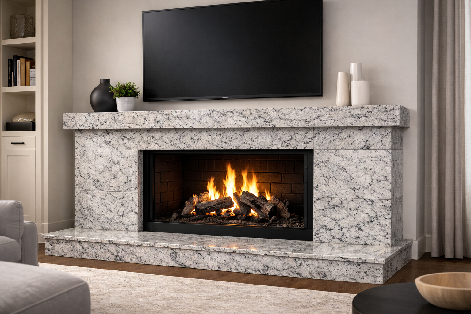 Modern living room with a marble fireplace and a fire burning inside. A flat-screen TV is mounted above the fireplace. Decorative vases and a potted plant are placed on the mantel. To the right, beige curtains are partially visible.