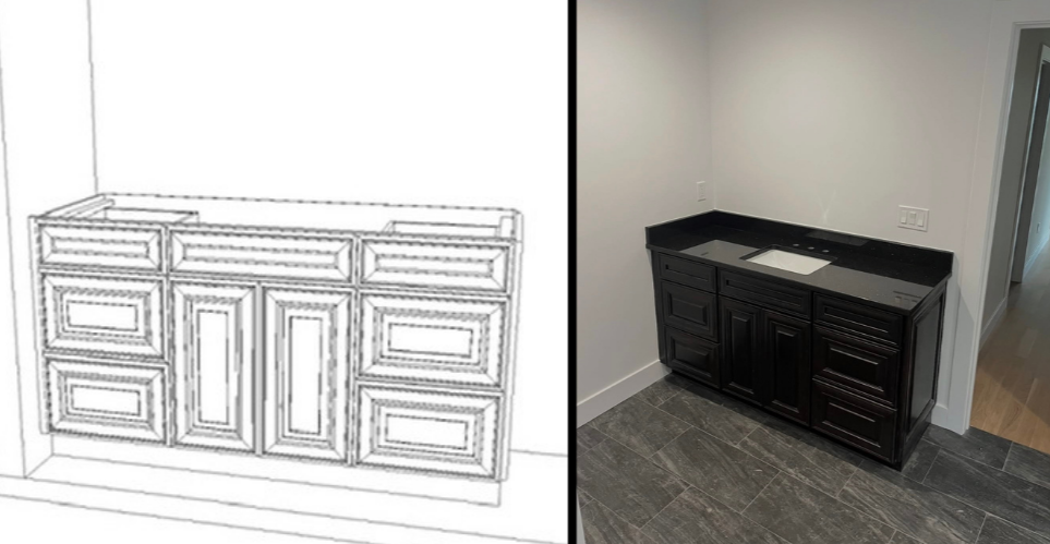 Comparison of a computer-aided design drawing of a kitchen cabinet and a real kitchen cabinet with black finish and sink in a modern interior.