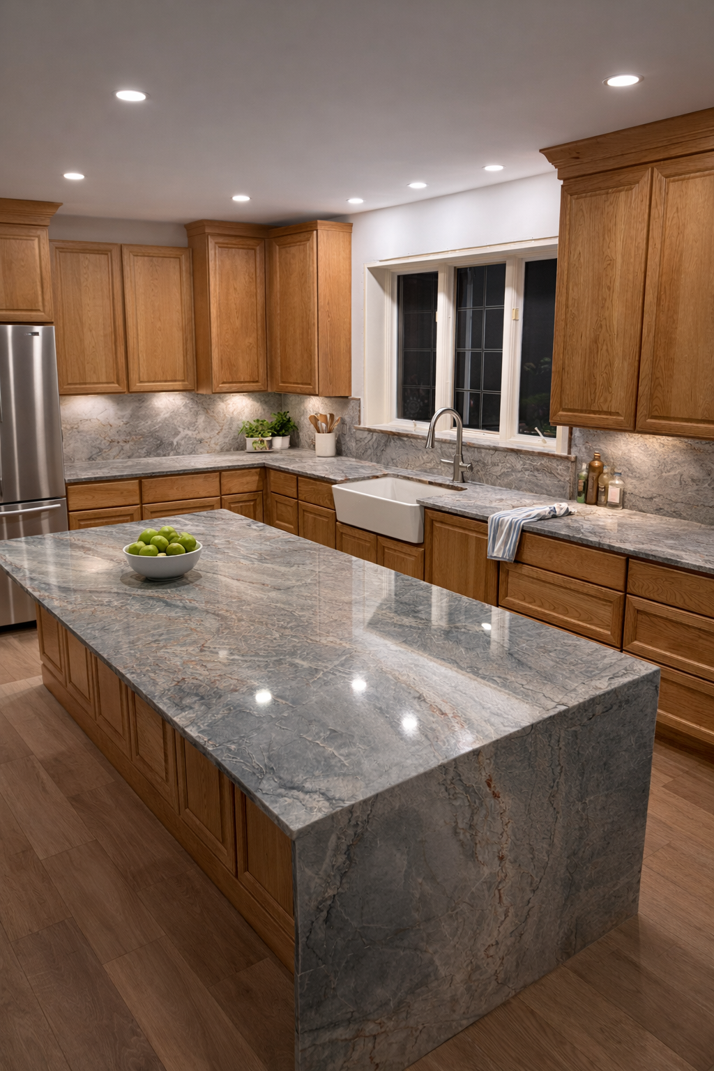 A modern kitchen with wooden cabinets, granite countertops, a large island with a bowl of green apples, a white farmhouse sink, a window, and recessed lighting.