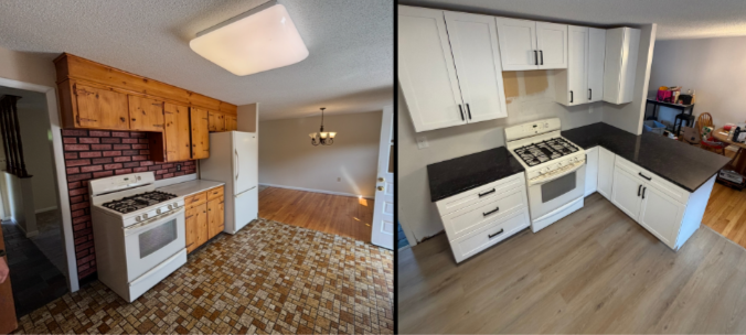 Comparison of two kitchens: one with vintage-style wooden cabinets and brick backsplash, the other with modern white cabinets and black countertops.