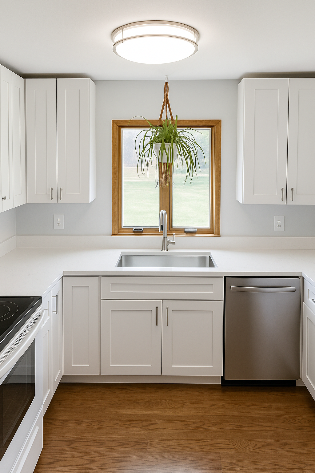 Modern white kitchen with a window and a hanging plant above the sink, stainless steel dishwasher, and wooden flooring.