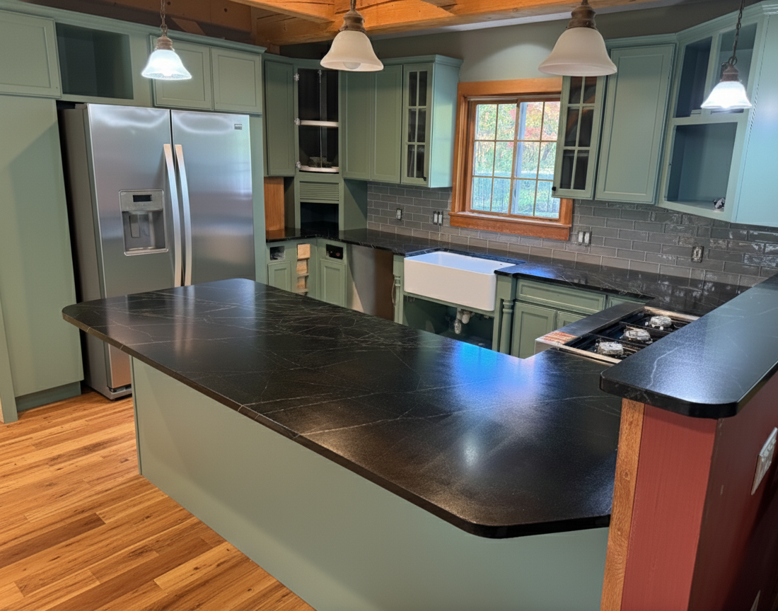 An unfinished kitchen with green cabinets, a black countertop, and a stainless steel refrigerator. There is a farmhouse sink, wooden window, and a small kitchen island.