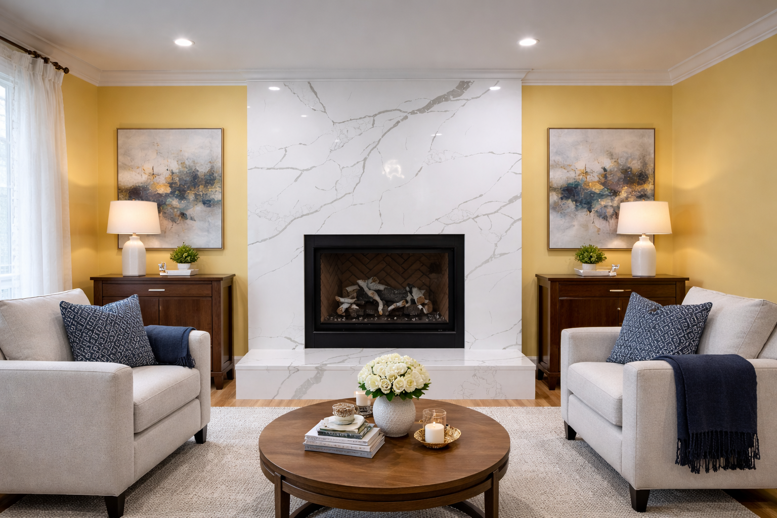 Living room with yellow walls, a central fireplace with a marble surround, two beige armchairs with blue pillows, two wooden side tables with lamps, abstract paintings, a round wooden coffee table with a flower vase, candles, and books.
