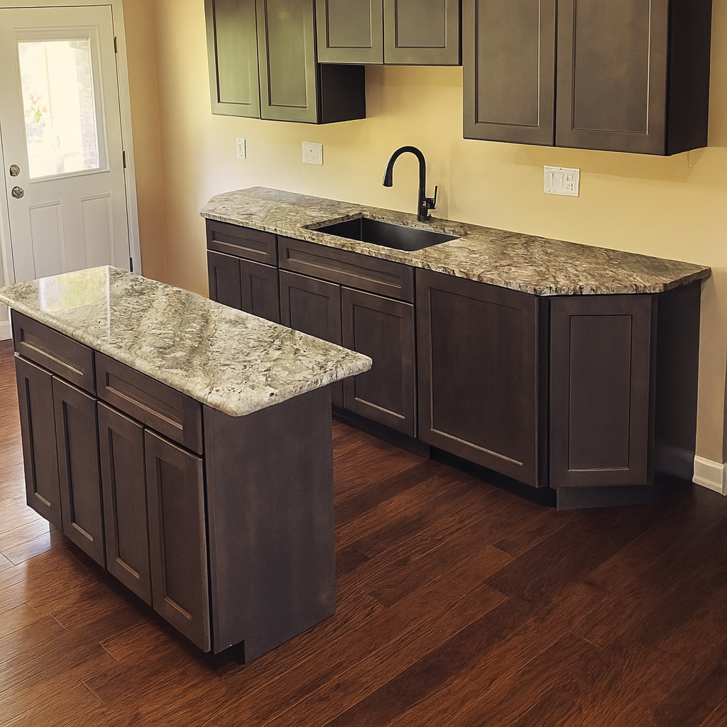 Kitchen with dark wood cabinets, granite countertops, and a single-basin sink with a black faucet. There is a small island matching the countertops and a door leading outside.
