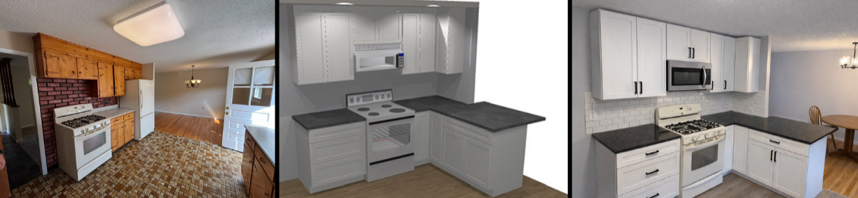 Three different kitchen images: the first kitchen has wooden cabinets, a white stove, and a patterned linoleum floor; the second is a rendered 3D model of a white kitchen with black countertops, a stove, and microwave; the third kitchen has white cabinets, a white stove, and a white backsplash with a dining area in the background.