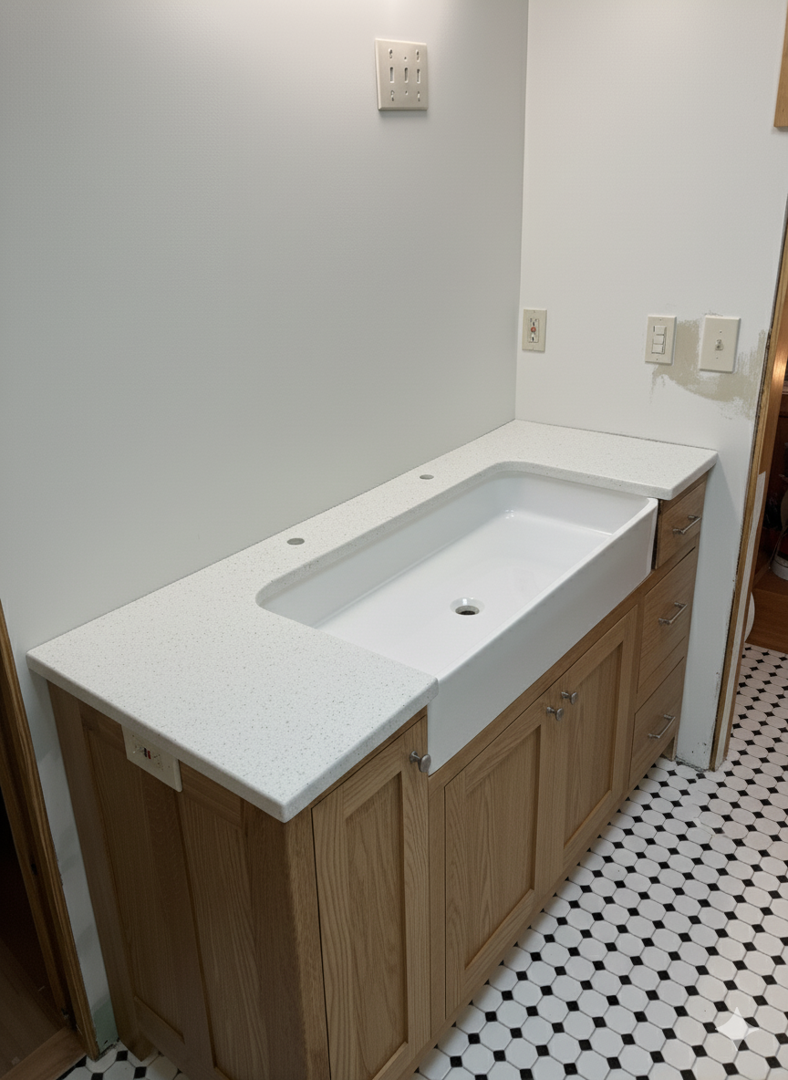 A bathroom vanity with a white countertop and an empty sink, set against a wall with multiple electrical outlets and switches, and a black and white hexagonal tiled floor.