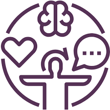 Icon logo with a brain, a heart, a person with outstretched arms, and a speech bubble, all inside a circle, in purple.