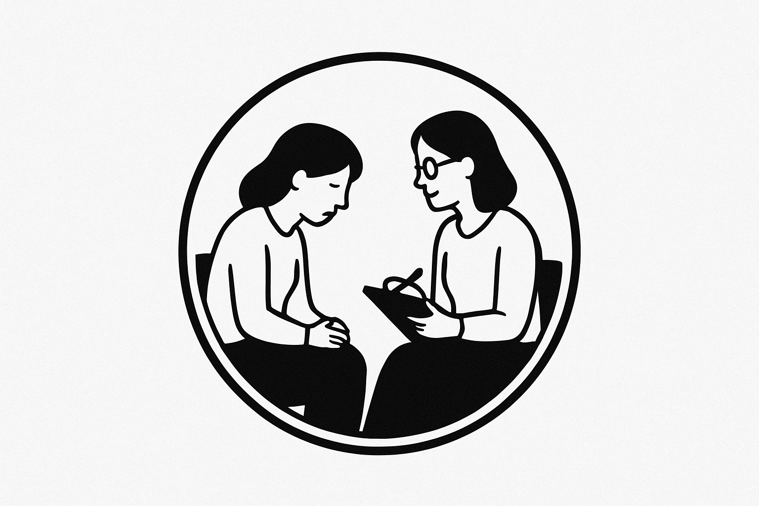 Illustration of two women sitting close, one holding a clipboard with a pen, engaging in a conversation or consultation.