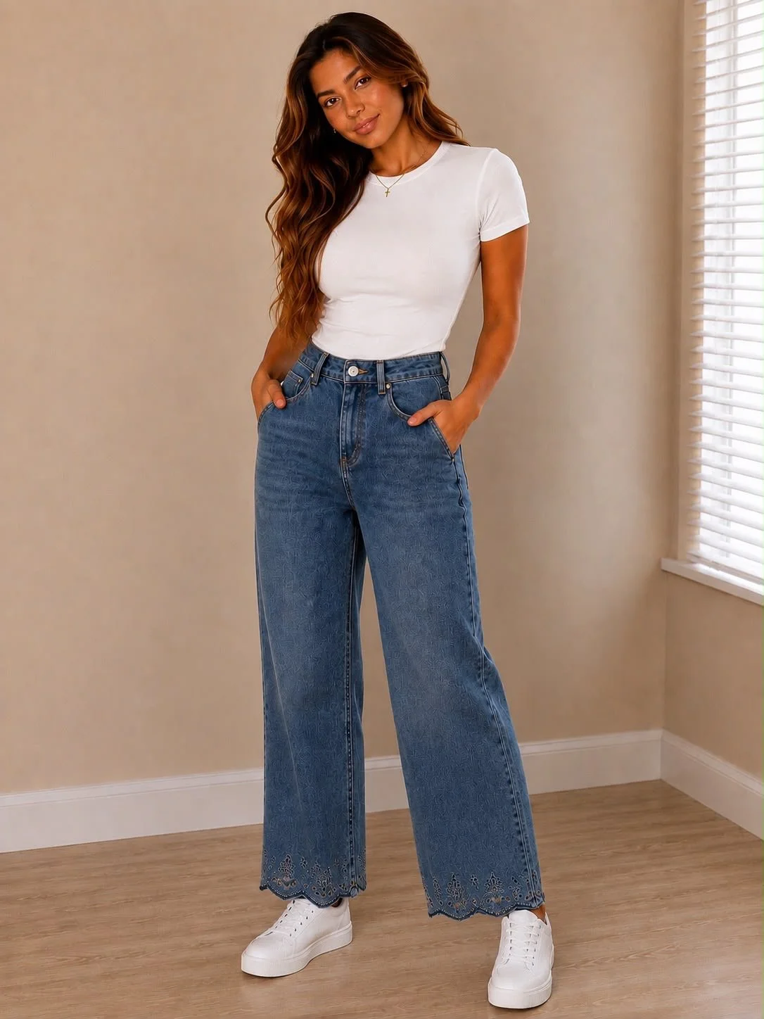 Chic Embroidered Wide-Leg Denim Jeans