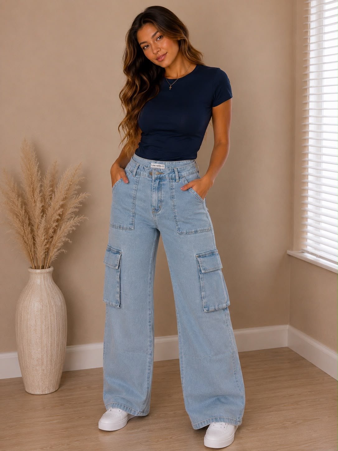 Wide Leg Denim Cargo Jeans