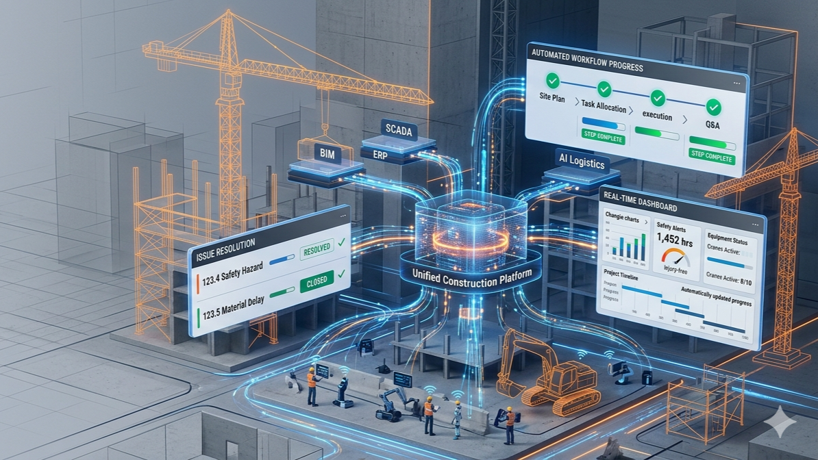 Digital illustration of a construction site with holographic interfaces and a central unified construction platform connected to cranes, equipment, and workers.