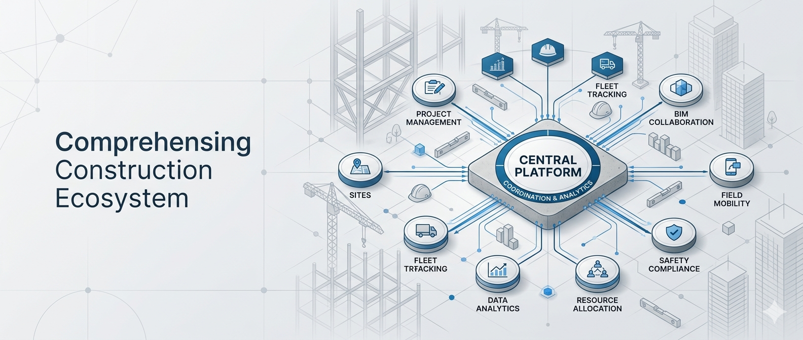Diagram of a construction ecosystem with a central platform connected to various functions such as project management, fleet tracking, BIM collaboration, field mobility, safety compliance, resource allocation, data analytics, sites, and fleet.