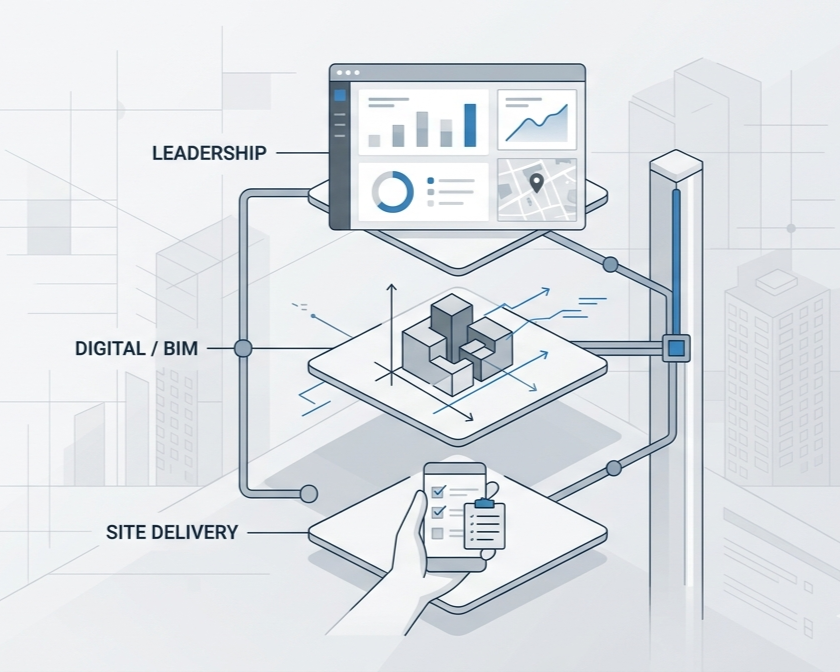 A digital illustration showing a schematic of project management or construction workflow, including a computer screen with data charts labeled 'Leadership,' a 3D construction model, a hand holding a tablet with checklists, and pathways connecting these elements.