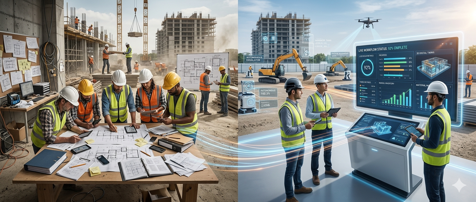 Construction workers on site, with some wearing yellow and white safety helmets, working with plans and equipment at a desk and on the construction field. A digital interface with real-time project data and virtual screens overlay the scene, illustrating smart construction technology.