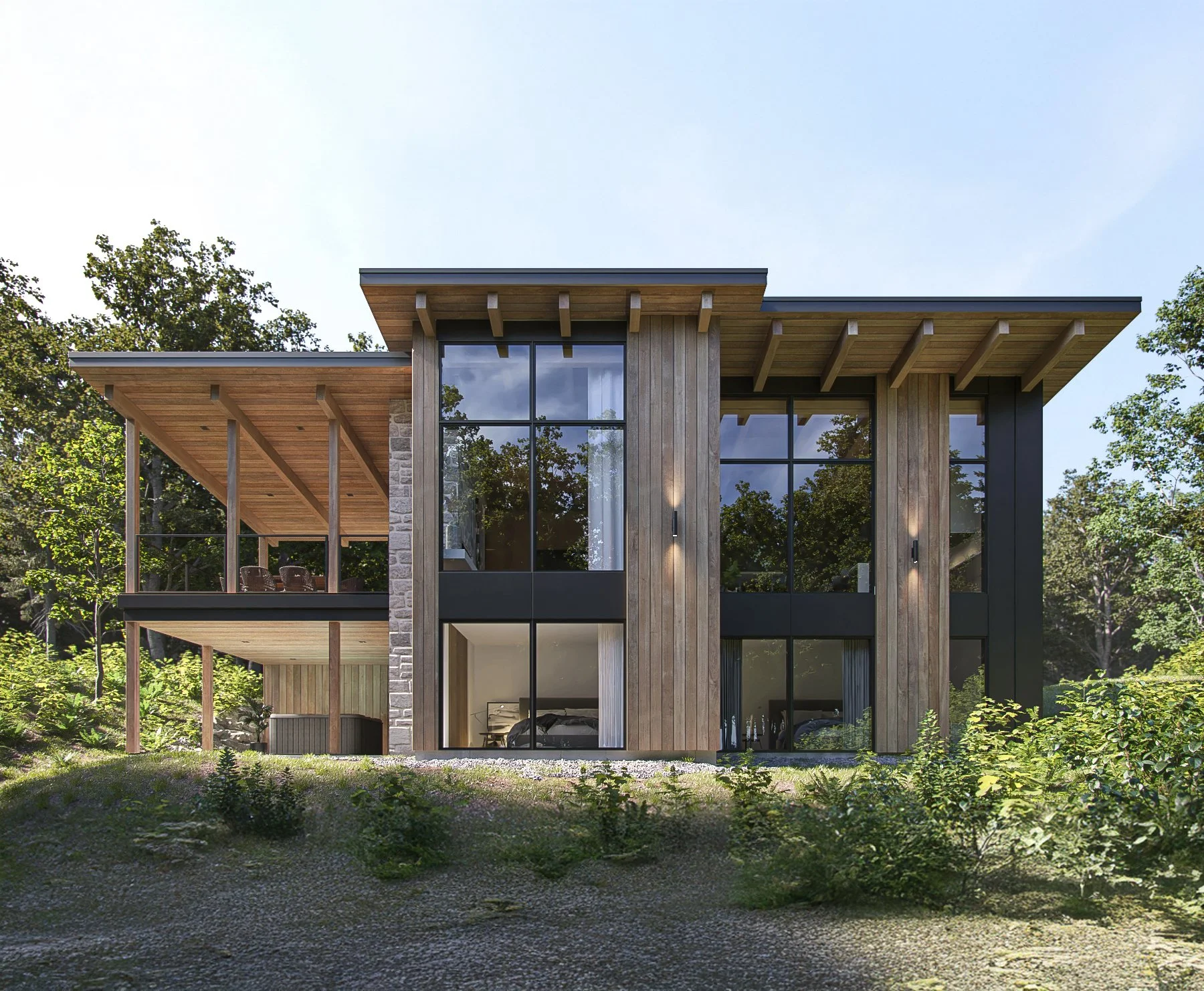 maison moderne avec grande façade en bois et fenêtres en verre, entourée d'un environnement boisé