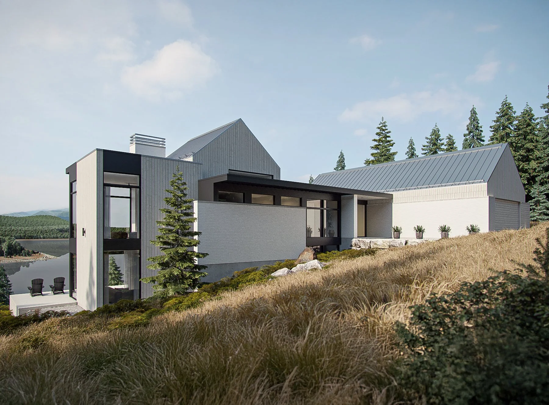 Maison moderne en bois blanc et gris, située sur une pente herbeuse avec des arbres en arrière-plan, sous un ciel bleu avec quelques nuages.