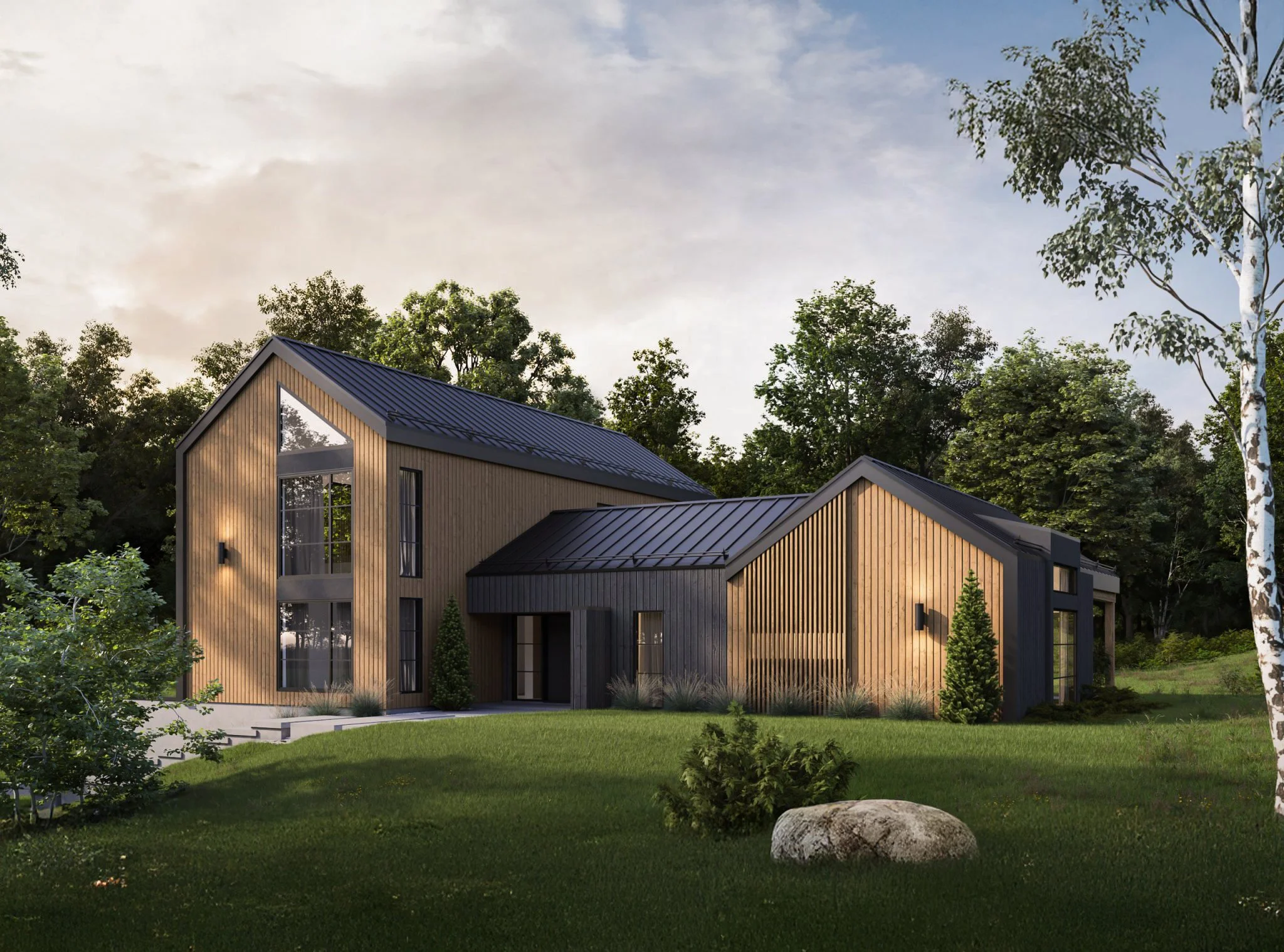 Une maison moderne en bois avec un toit en métal noir, entourée d'arbres et d'un jardin verdoyant under un ciel partiellement nuageux.