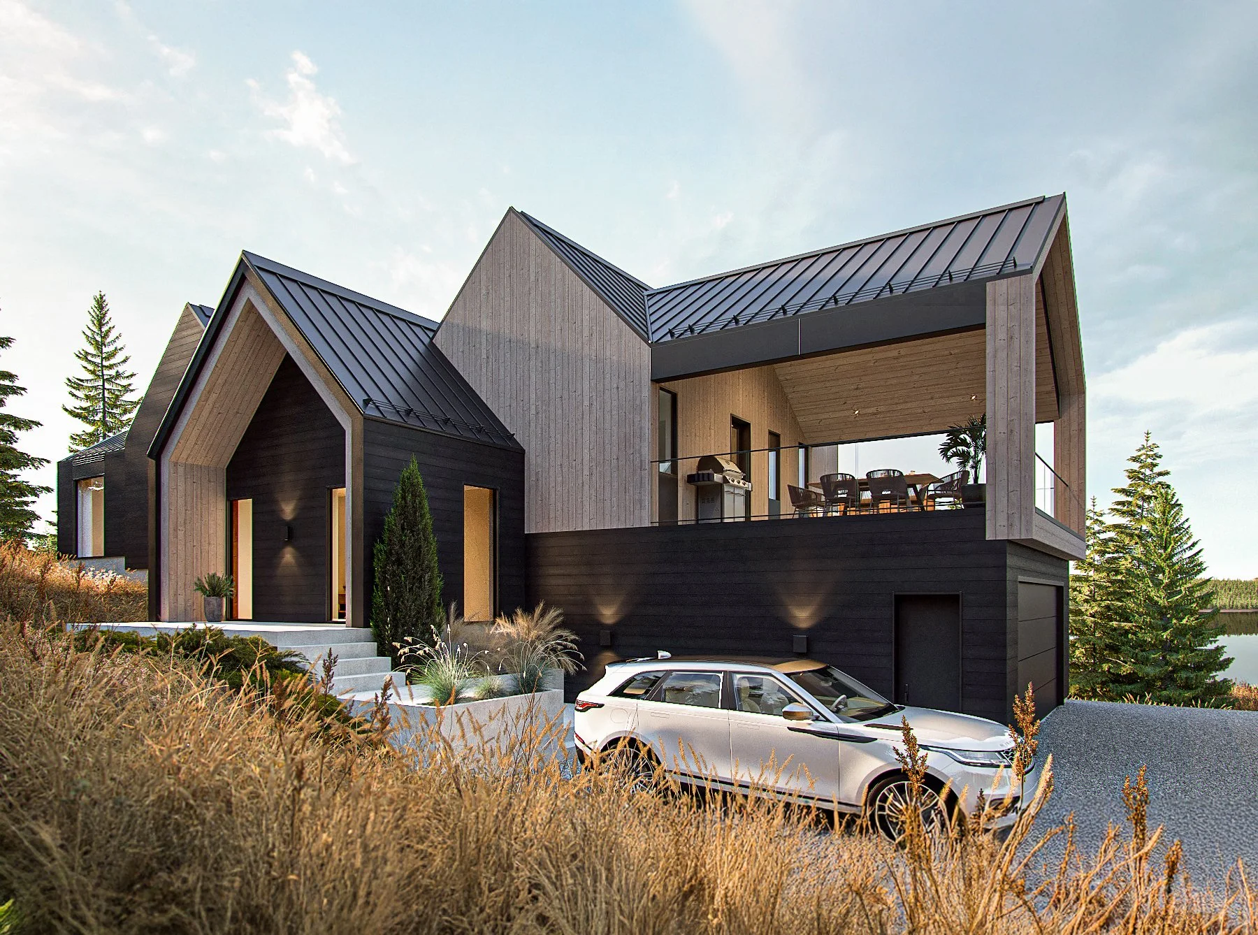 Maison moderne avec structure en bois noir et clair, grande terrasse avec mobilier, voiture blanche garée devant, environnement paysager avec arbres et herbes