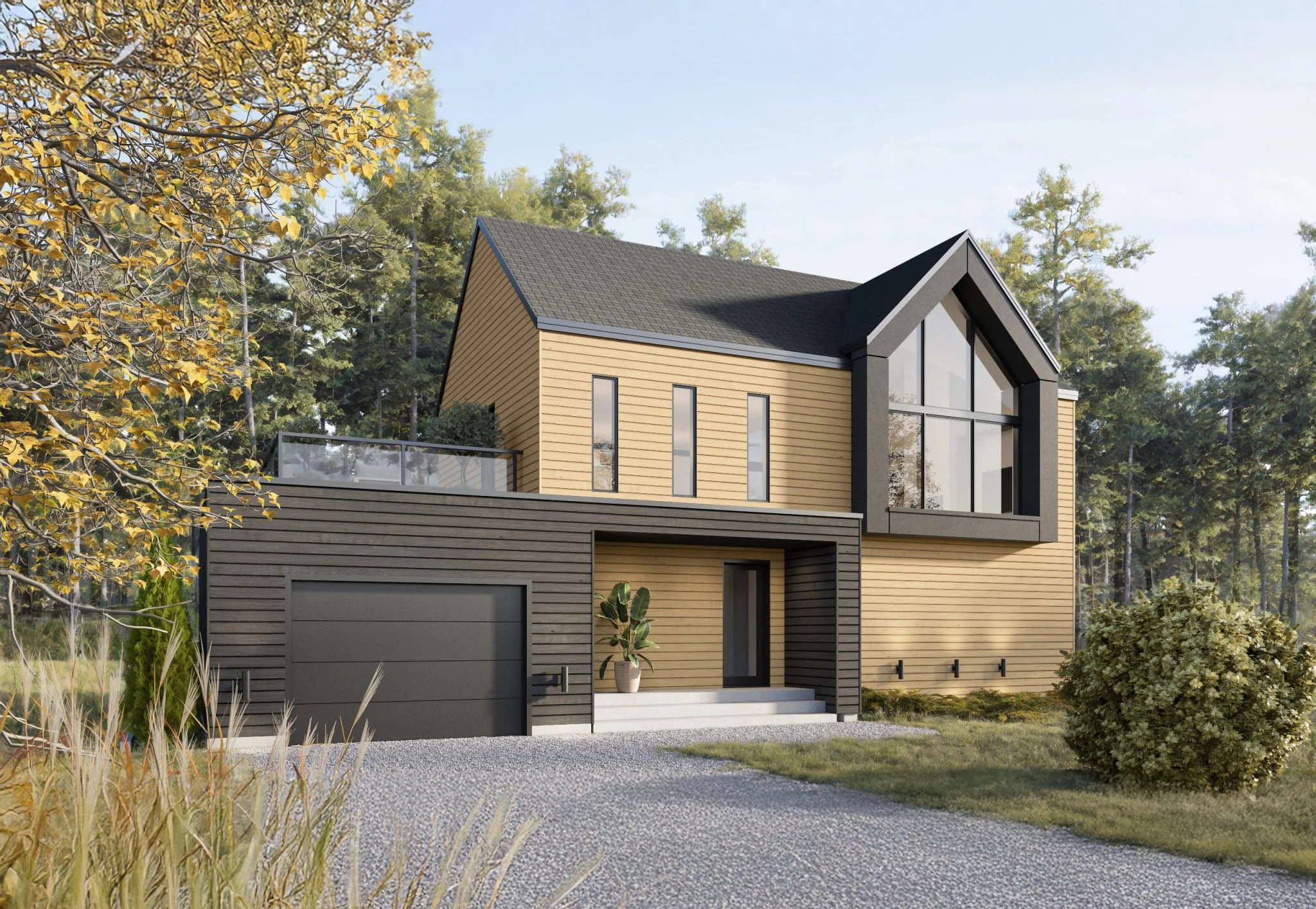 Une maison moderne avec un revêtement en bois, une façade en partie sombre, un garage intégré, et de grandes fenêtres en verre, entourée d'une végétation et d'arbres, sous un ciel clair.