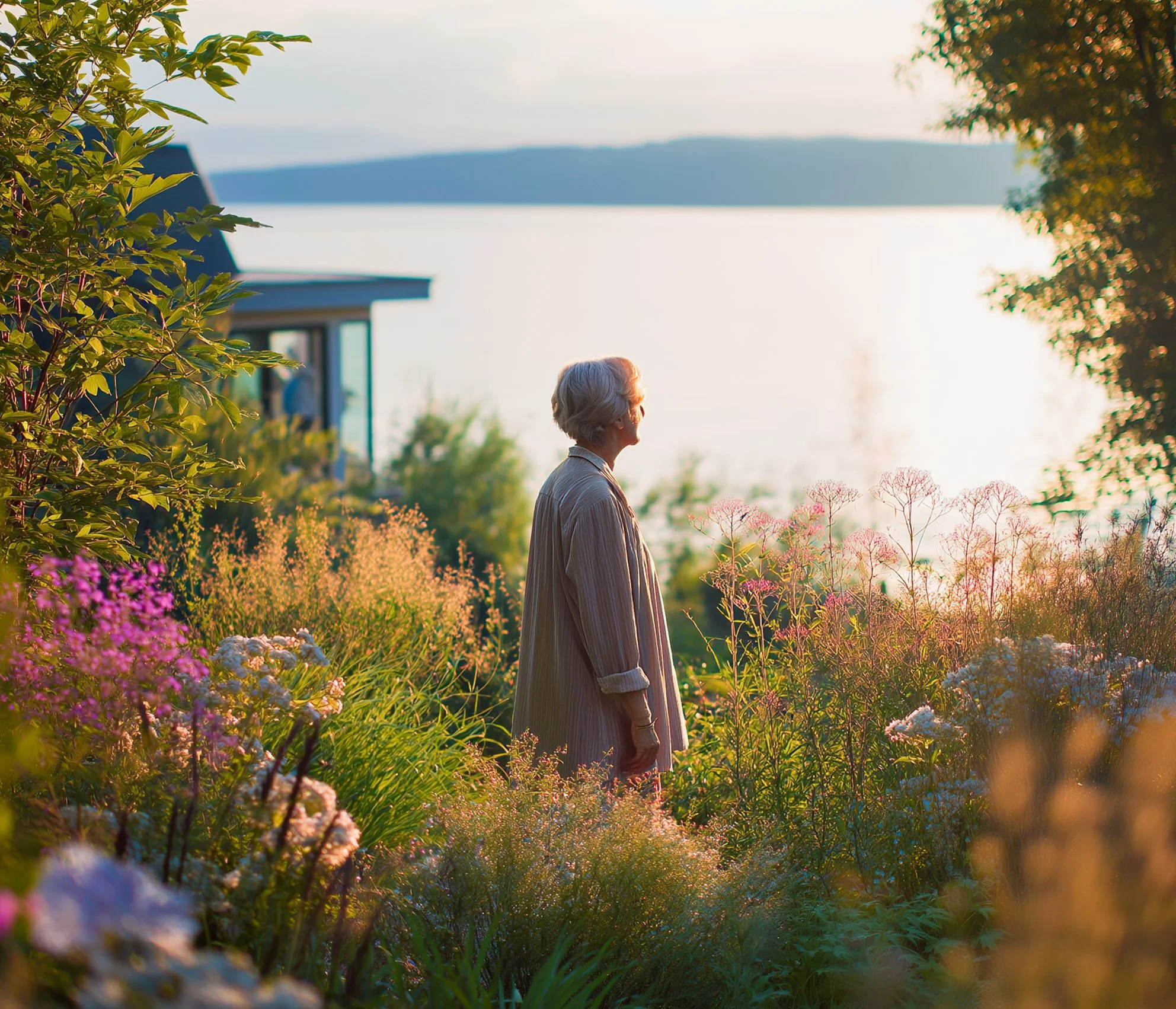 Une personne âgée avec des cheveux gris, vêtue d'une chemise beige, se tient dans un jardin de fleurs colorées au coucher du soleil, avec un lac en arrière-plan.