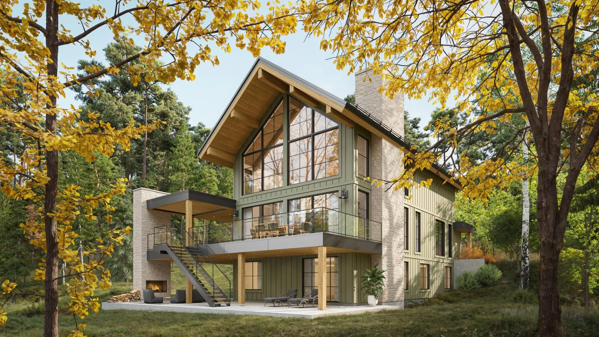 Maison moderne en bois avec grandes fenêtres, balcon, cheminée et terrasse dans un environnement forestier en automne.
