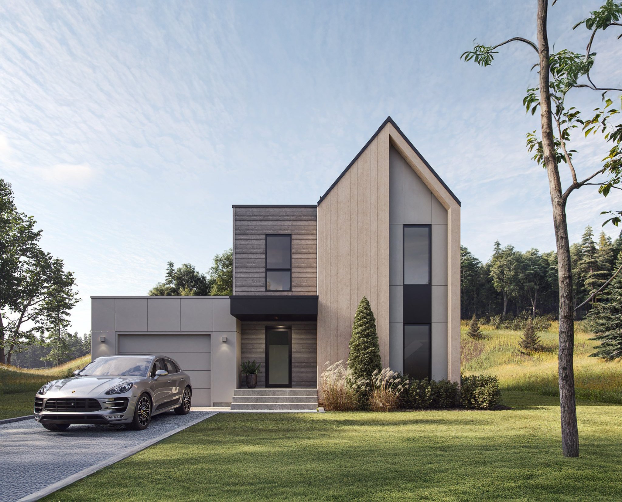 Maison moderne avec voiture Porsche garée devant, entourée de verdure et de petits arbres, sous un ciel partiellement nuageux.