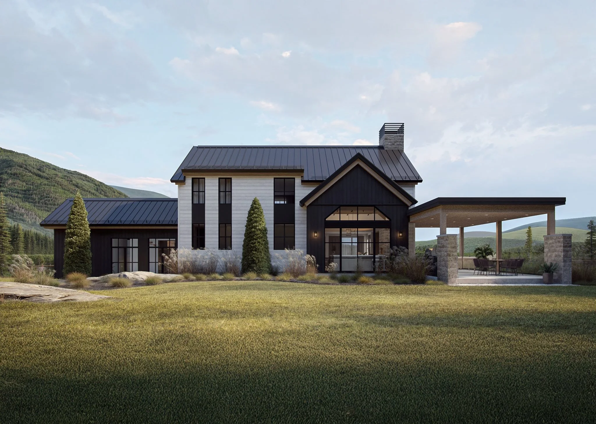 Maison moderne avec jardin et montagnes en arrière-plan, balcon, et espace extérieur avec pergola et mobilier.