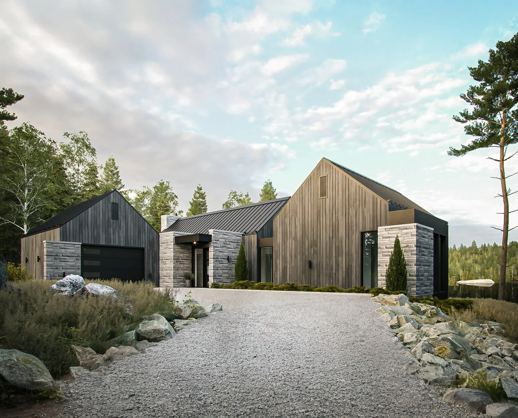 Maison moderne en bois, avec un garage, entourée de nature et un chemin en gravier.
