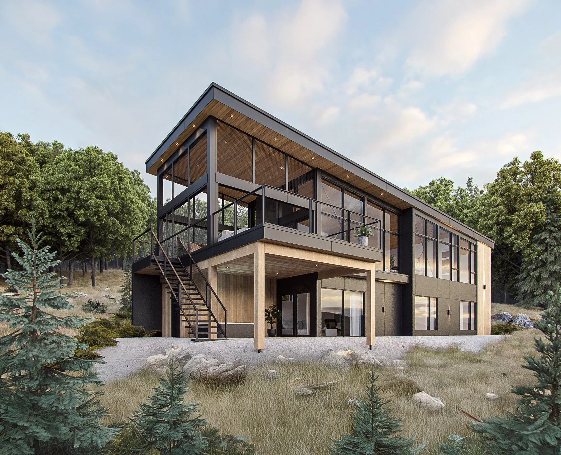 Une maison moderne à deux étages, en bois et en verre, située dans une zone boisée avec des pins, sur un terrain rocheux avec de l'herbe. Le ciel est partiellement nuageux.