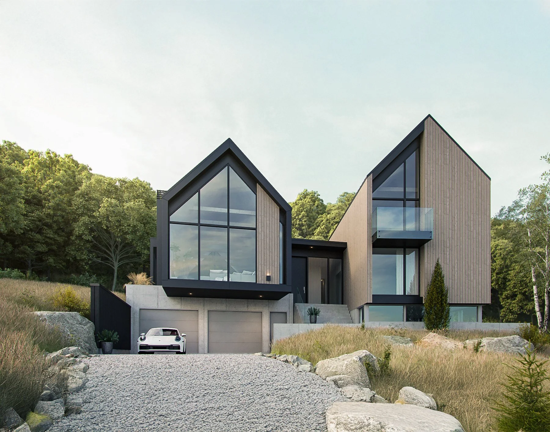 Maison moderne avec deux grandes façades en forme de pignons, grandes fenêtres en verre, garage avec voiture, entourée de nature et de rochers.