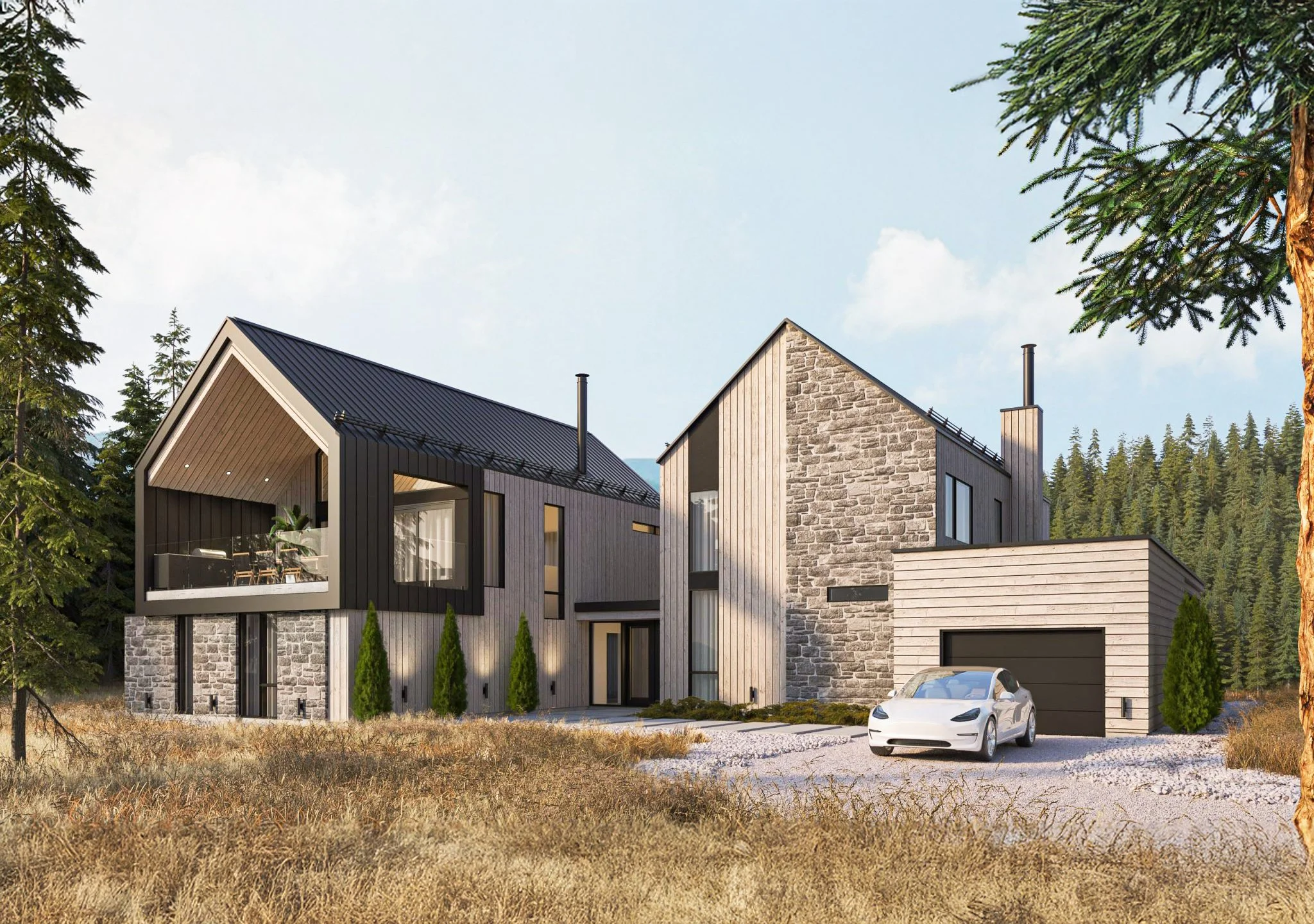 Maison moderne en bois et pierre avec voiture stationnée devant, entourée de forêt.