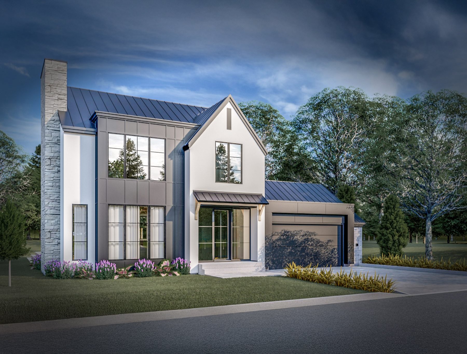 Maison moderne à deux étages avec garage, fenêtres en verre, murs blancs et détails en pierre, entourée d'arbres et de jardin paysager, sous un ciel en partie nuageux.