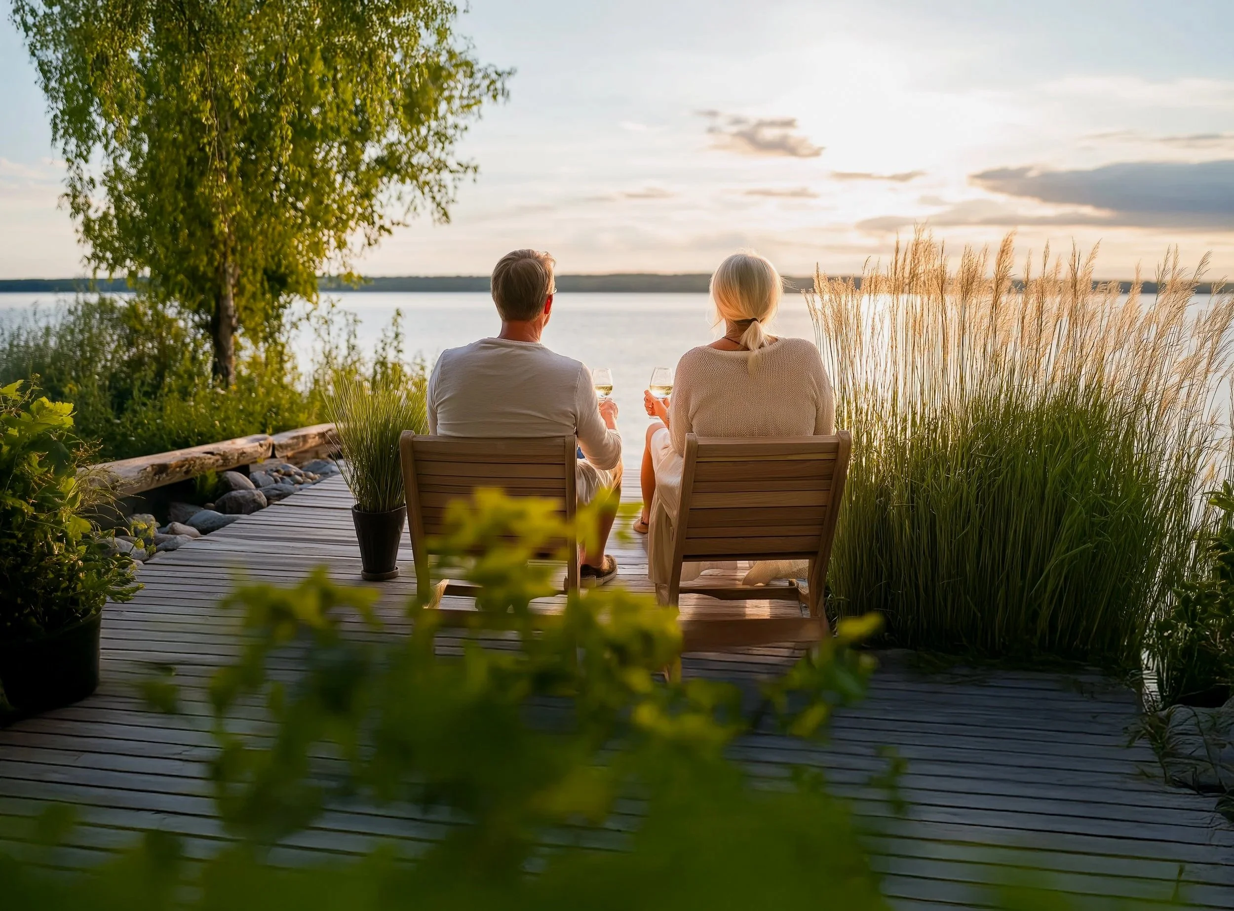 Un couple assis sur une terrasse en bois, buvant du vin, face à un lac au coucher du soleil, entouré de végétation luxuriante.
