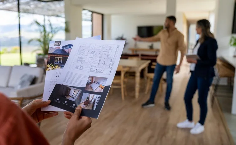 Personne tenant un plan ou une brochure de maison dans un salon moderne lors d'une visite immobilière, avec deux autres personnes discutant en arrière-plan.