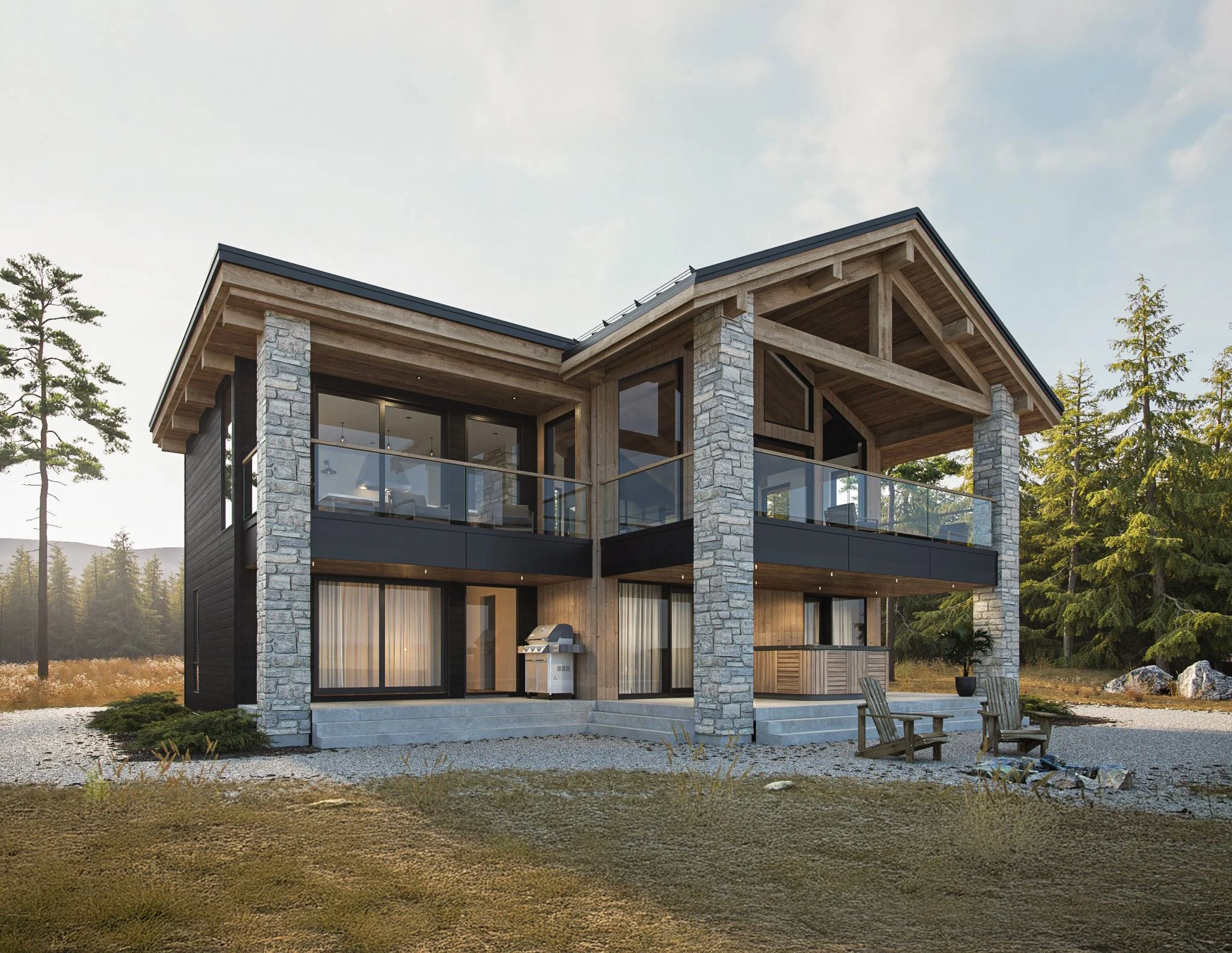 Maison moderne avec grandes fenêtres, terrasse en verre, bois et pierre, entourée d'arbres, avec deux chaises en bois devant.