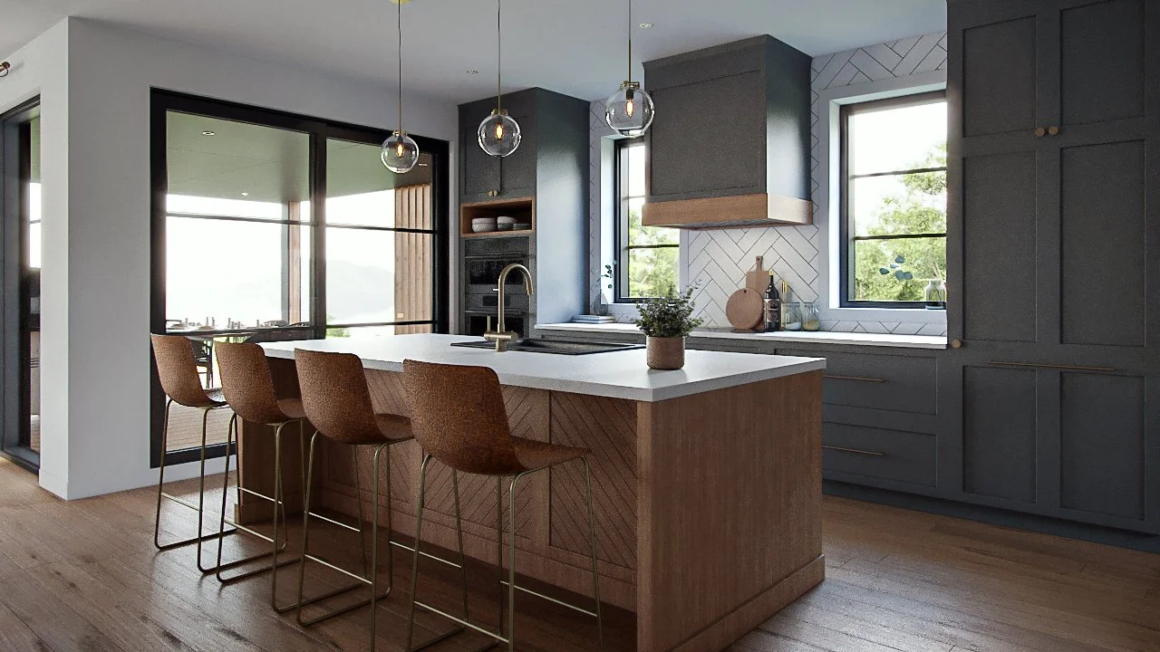 Cuisine moderne avec un îlot en bois, plan de travail blanc, quatre chaises en bois, fenêtres avec vue sur l'extérieur, lampes suspendues en verre.