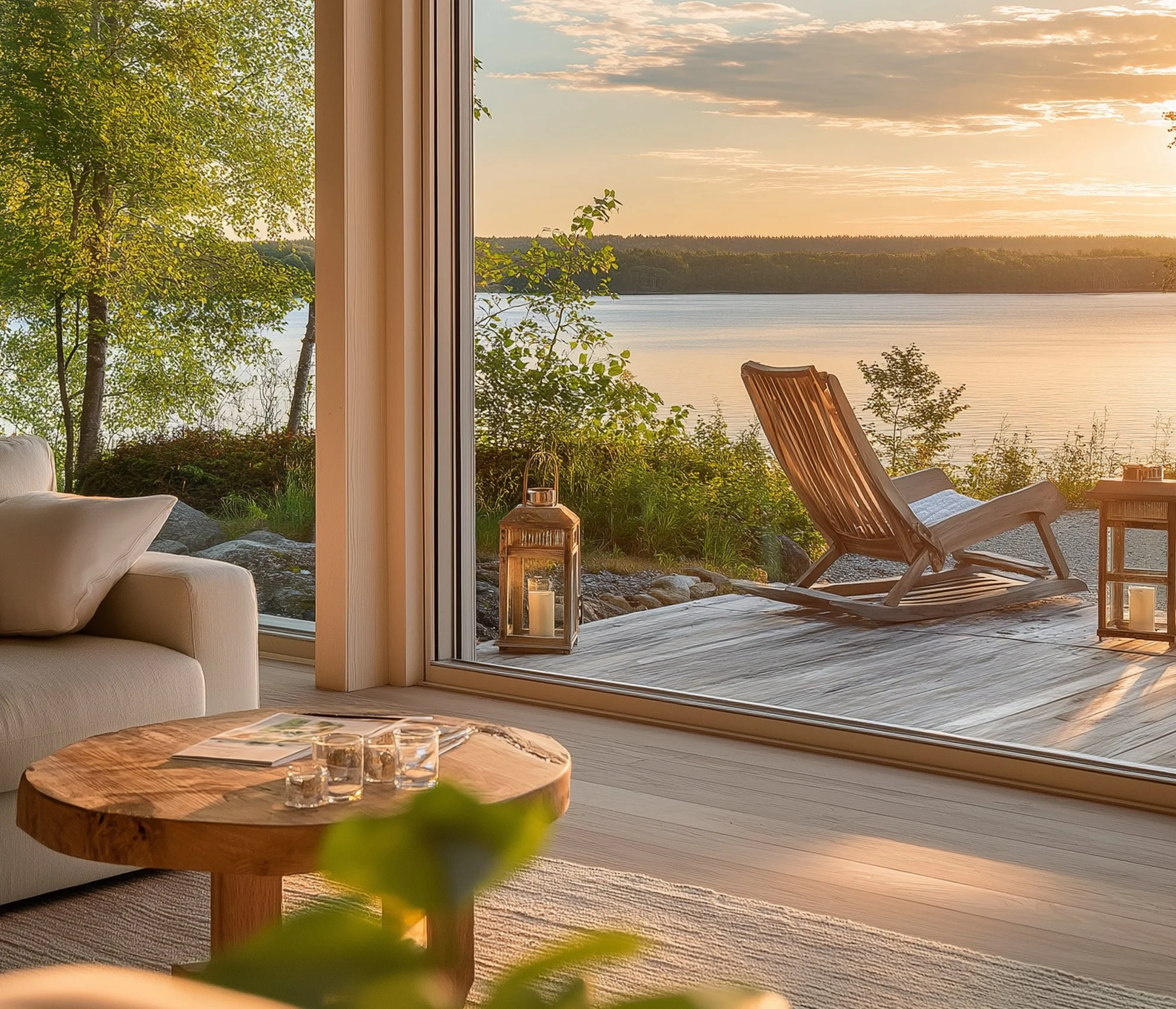 Salon intérieur avec vue sur un lac au coucher du soleil, canapé beige, table en bois, lanternes avec bougies, chaise longue en bois sur la terrasse.