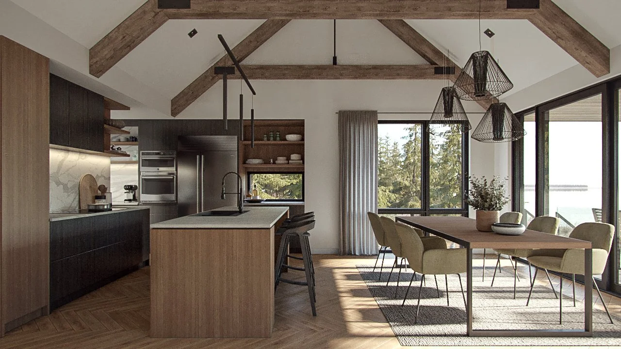 Cuisine moderne avec plan de travail en pierre, étagères en bois, table à manger en bois avec huit chaises beige, grands fenêtres donnant sur un espace extérieur avec vue sur la nature, plafond avec poutres en bois, décor épuré et lumineux.