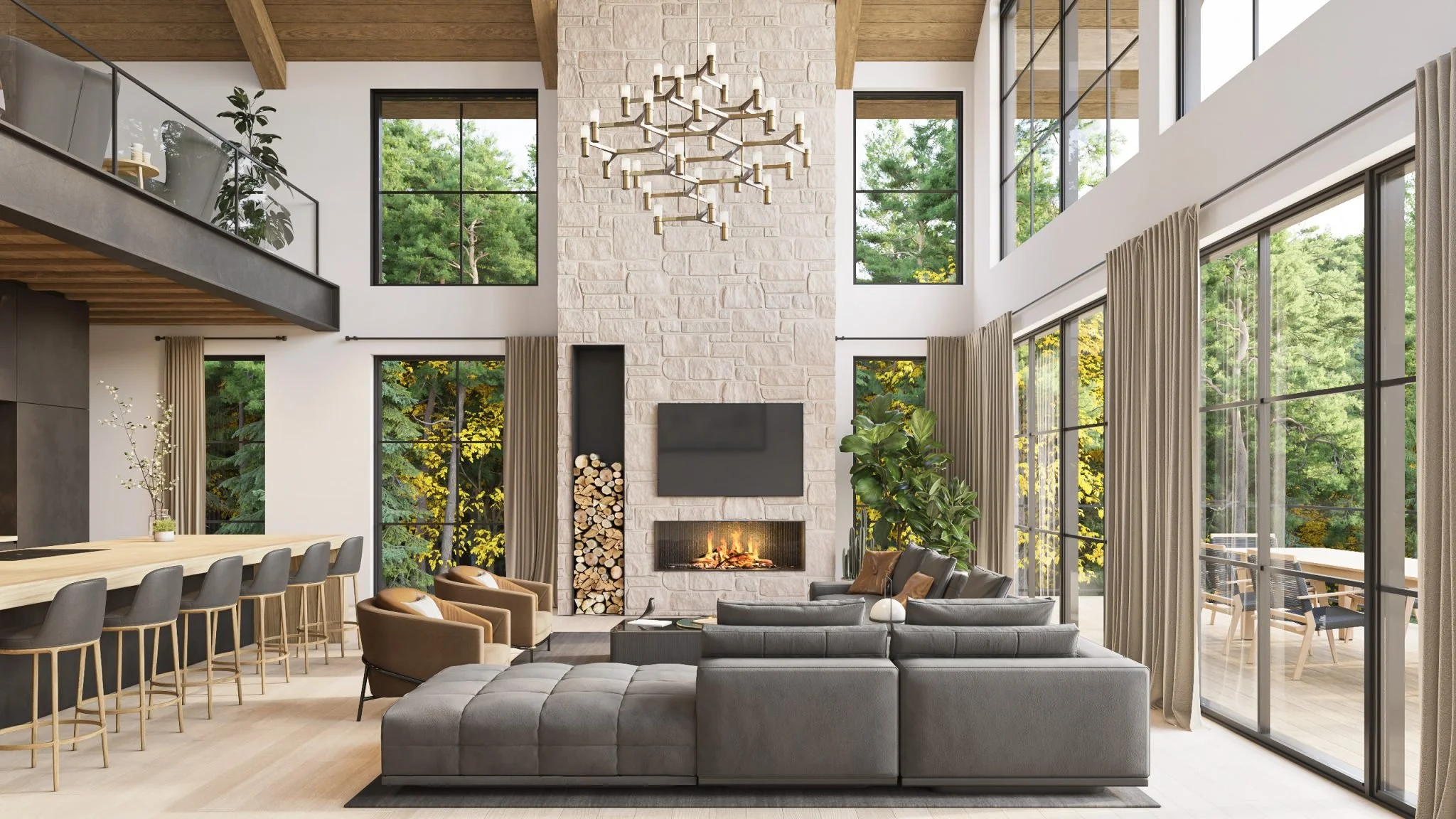 Salon moderne avec cheminée en pierre, grands fenêtres, canapé gris, fauteuils marron, table basse, décor naturel et chandelier design.