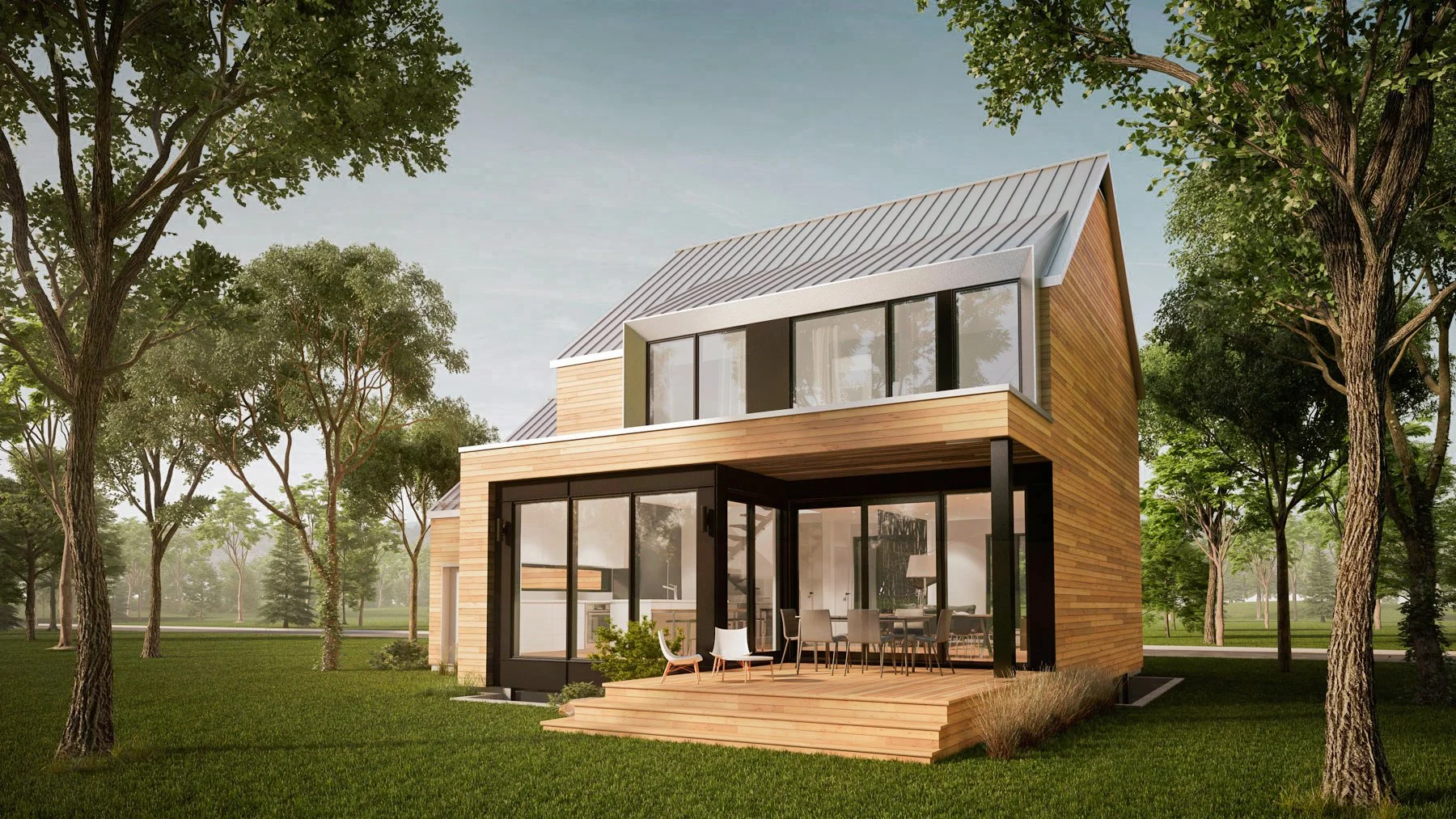 Maison moderne en bois avec grande terrasse, entourée d'arbres et de verdure, sous un ciel clair.