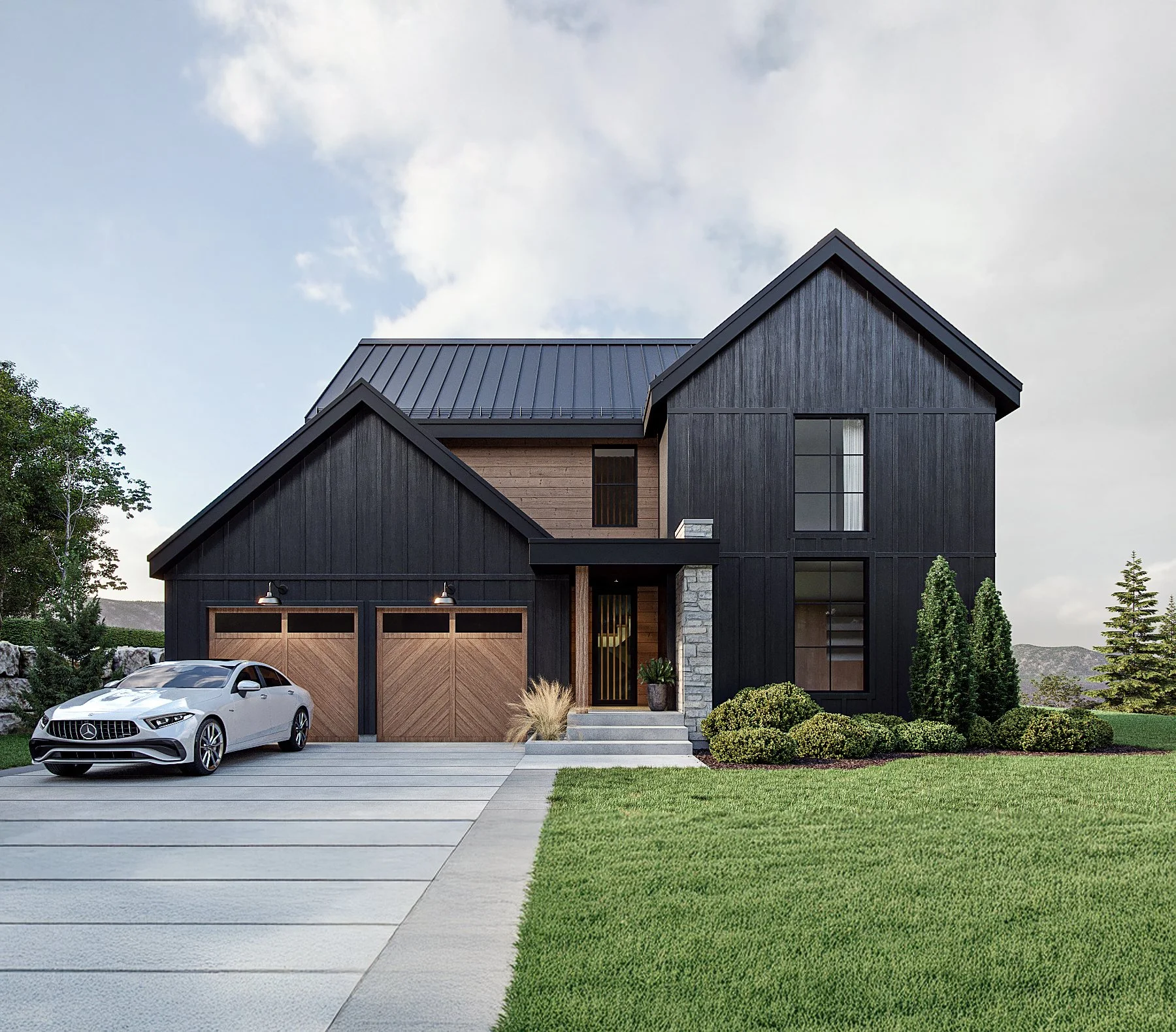 Maison moderne avec façade noire, garage en bois, voiture blanche, jardin bien entretenu, ciel partiellement nuageux.