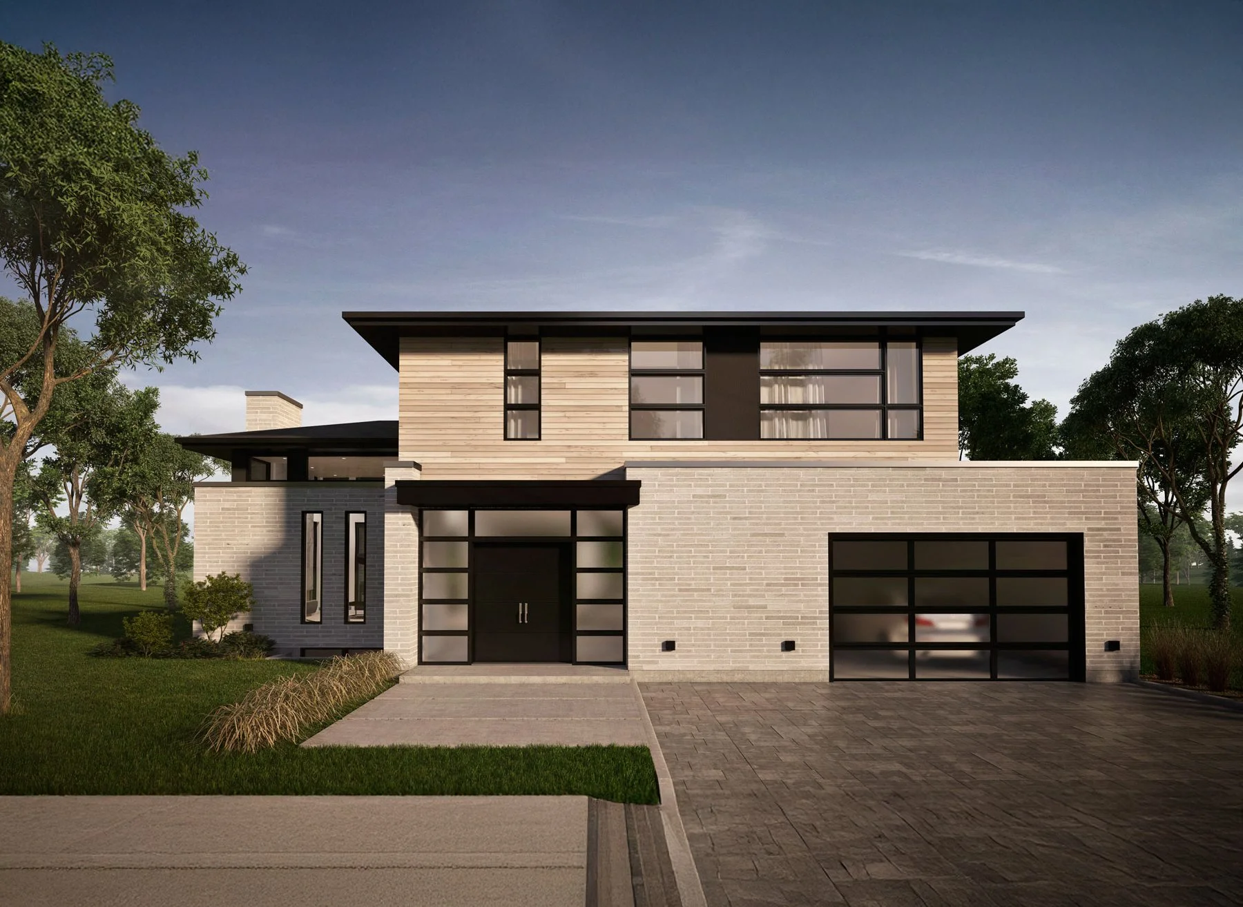 Vue d'une maison moderne avec une façade en briques claires, fenêtres larges en verre et un garage, entourée d'arbres et d'un environnement landscaped.