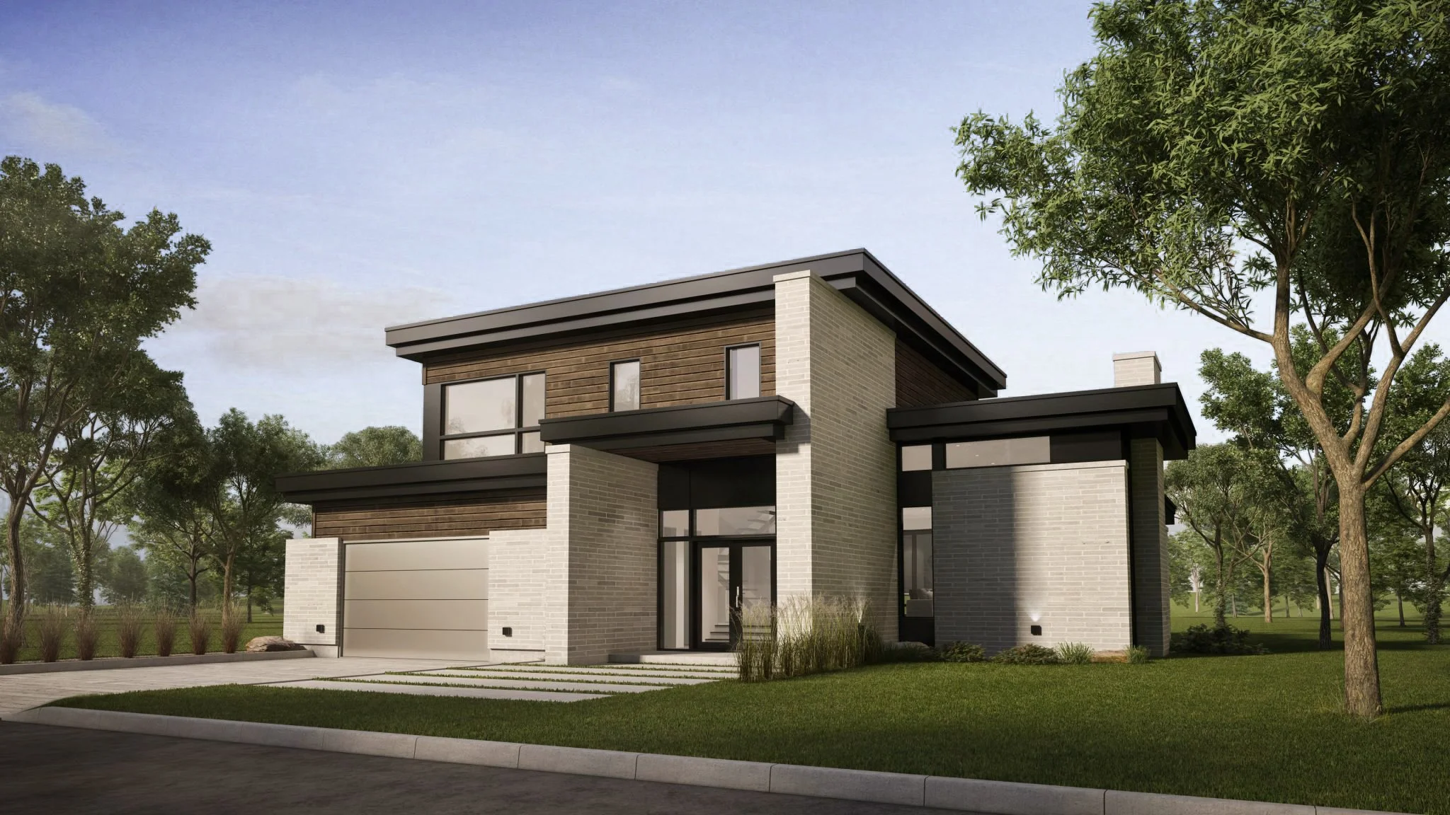 Maison moderne avec façades en bois, briques blanches et grises, grande fenêtre d'entrée et garage dans un environnement verdoyant avec des arbres et une pelouse.