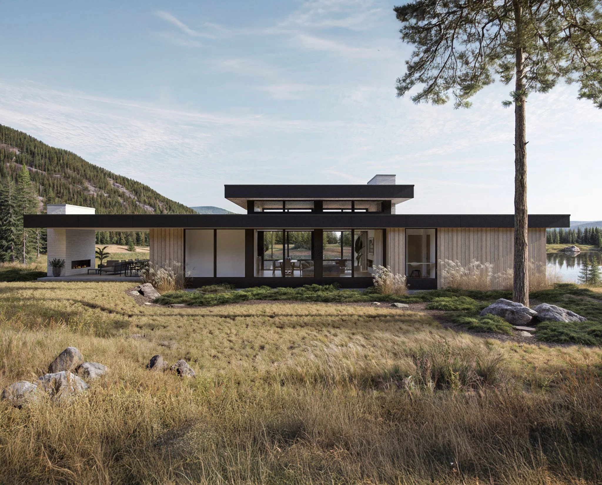 Une maison moderne en bois avec de grandes fenêtres, située dans un paysage naturel avec des montagnes, un lac et des arbres, sous un ciel clair.