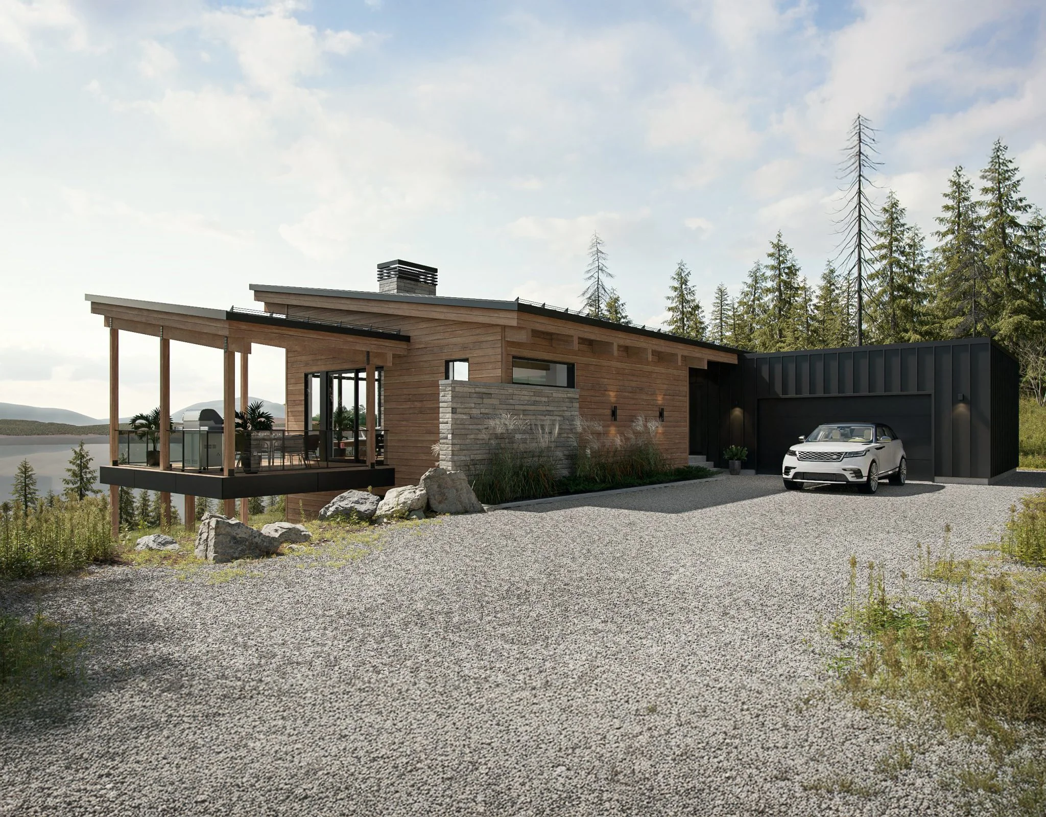 Maison moderne en bois avec terrasse sur pilotis, garage noir, voiture blanche, entourée d'arbres et de rochers, vue sur un lac en arrière-plan, ciel partiellement nuageux.