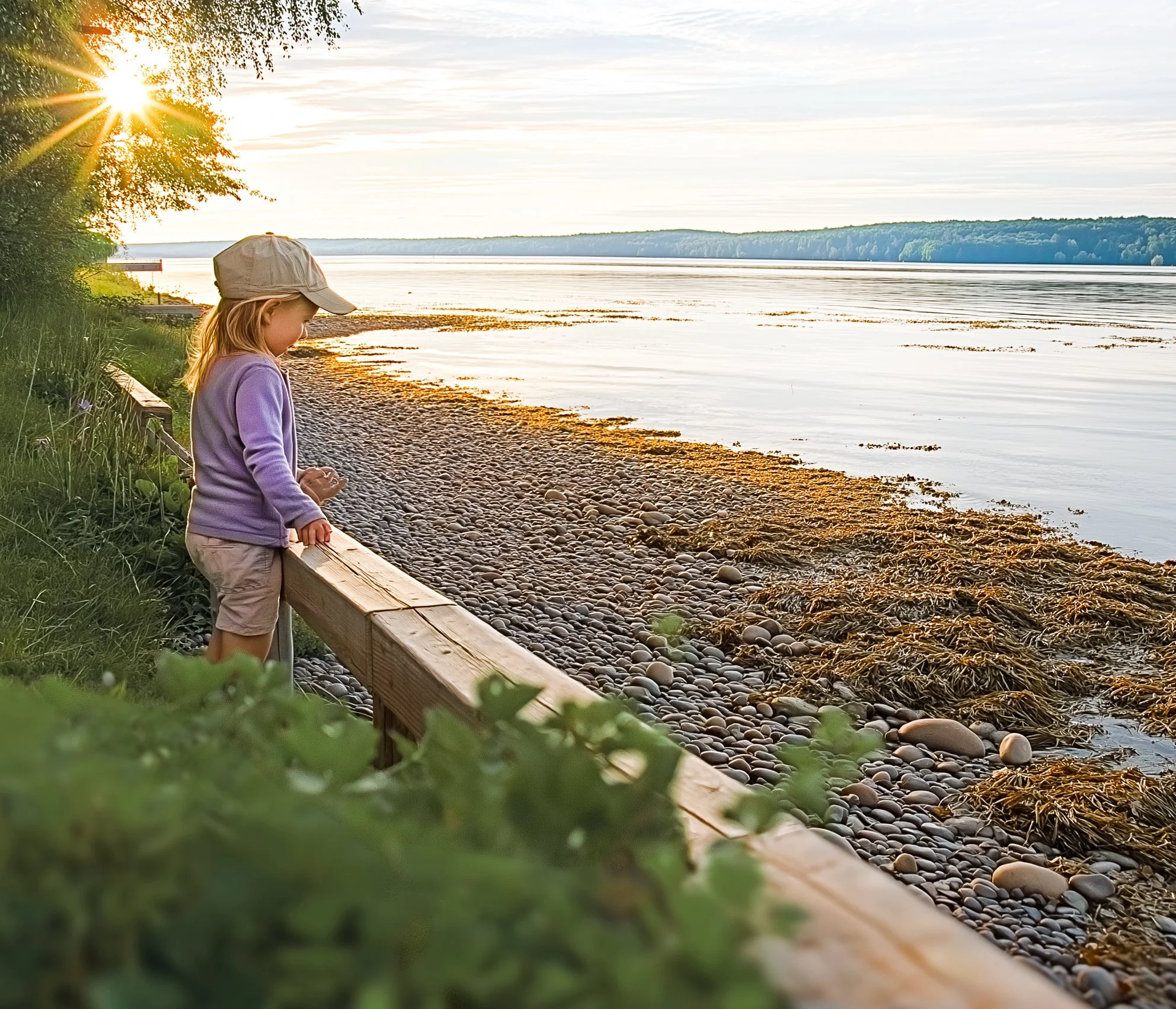Une jeune fille regarde l'eau d'un rivage rocheux au coucher du soleil, portant un chapeau beige et un pull violet.