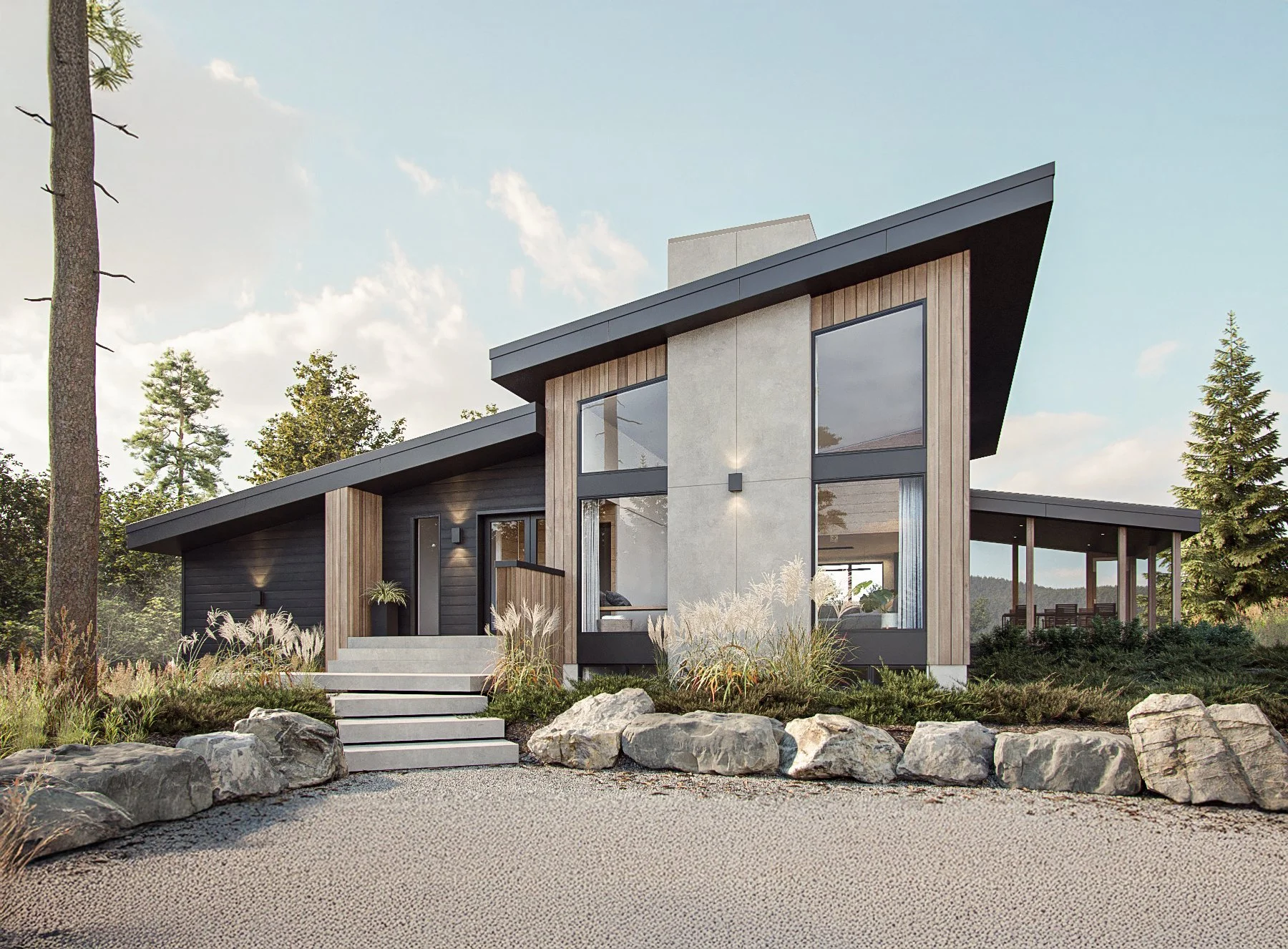 Maison moderne avec architecture à plusieurs niveaux, façade en bois et béton, de grandes fenêtres et un porche avec table et chaises, entourée de rochers et de végétation, dans un environnement naturel.