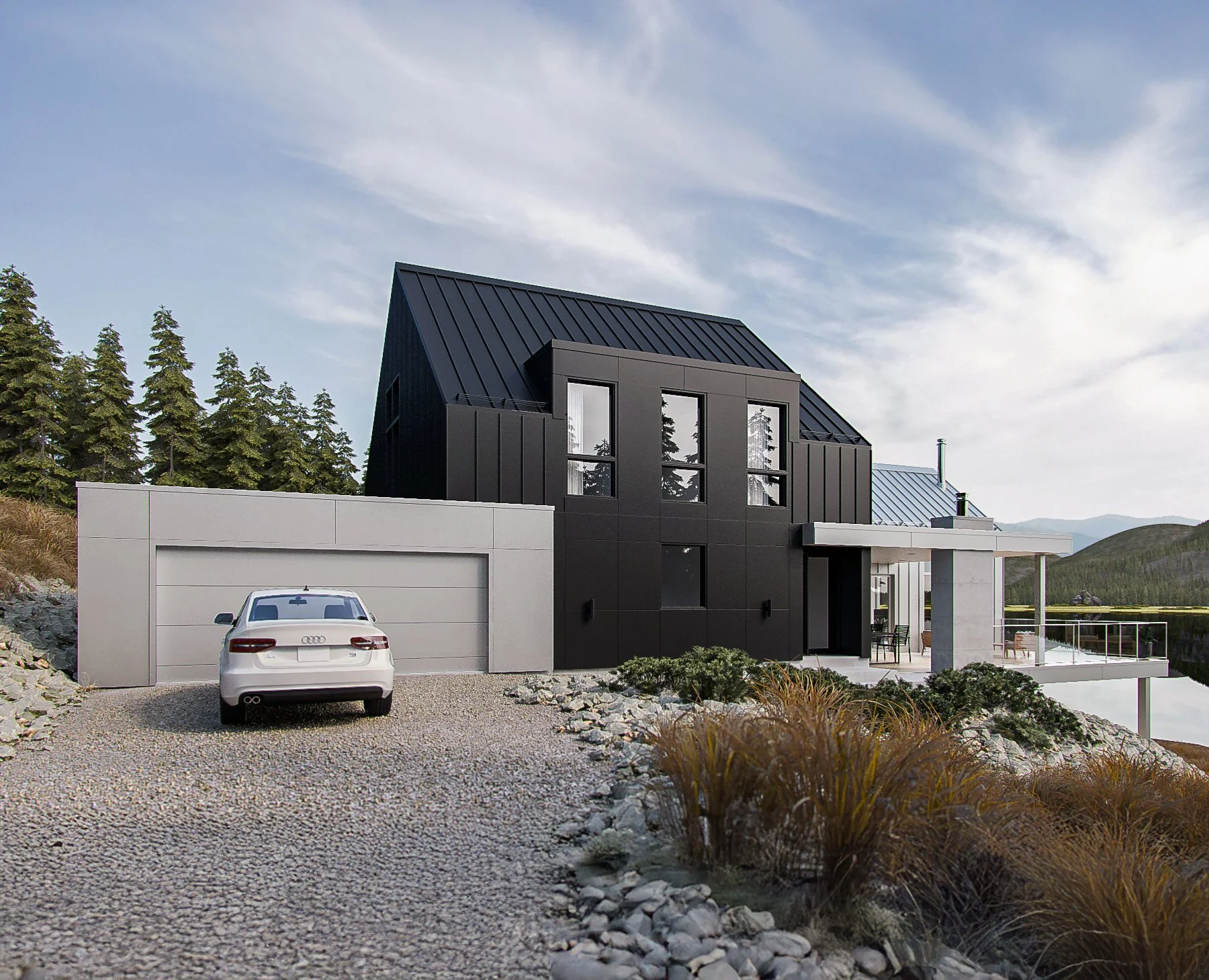 Une maison moderne en noir et blanc avec un garage et une voiture blanche garée devant, entourée d'une nature avec des arbres et des collines en arrière-plan.