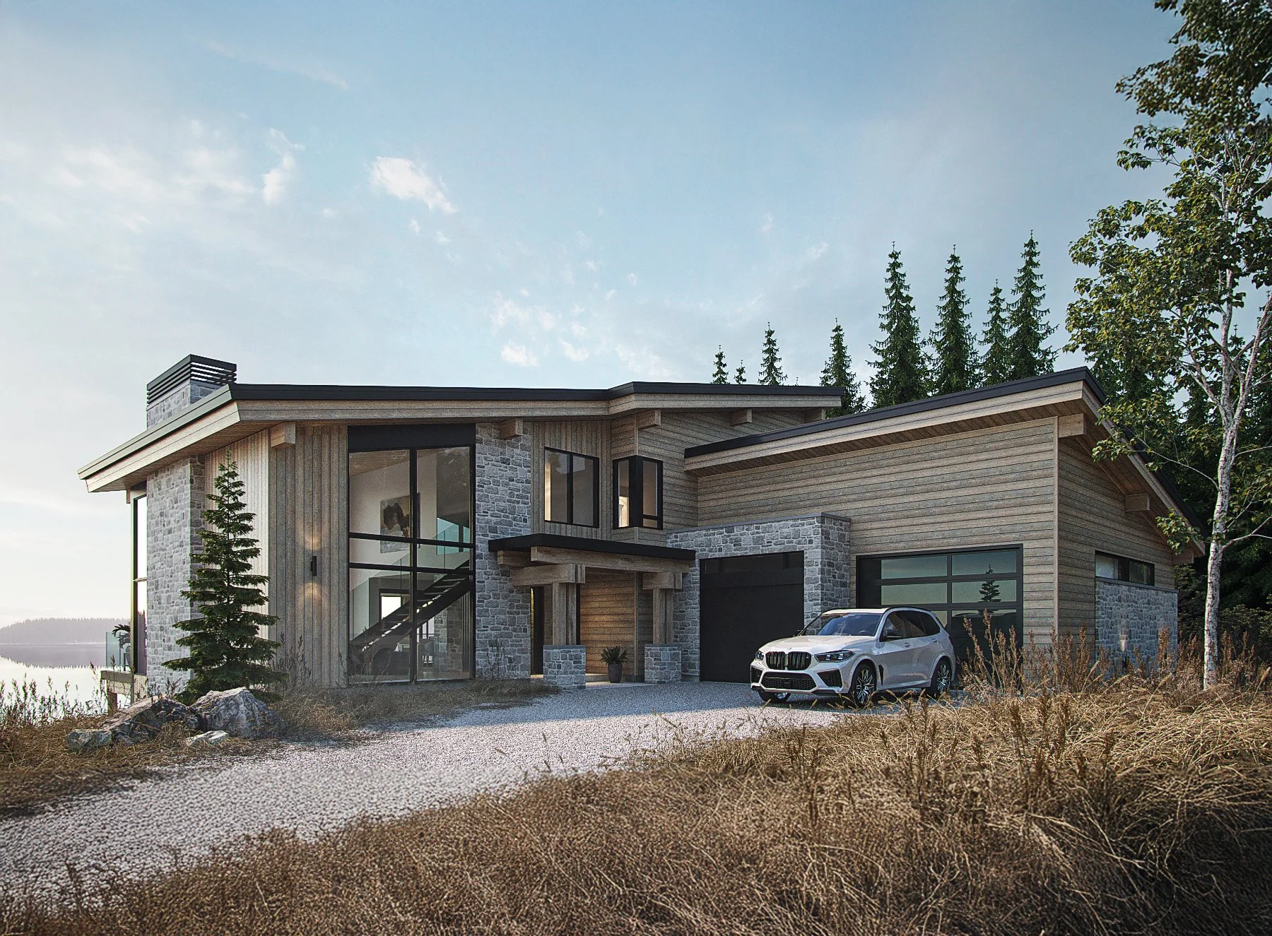 Maison moderne avec façade en pierre et en bois, grande porte de garage noire, voiture blanche, arbres verts, ciel clair.