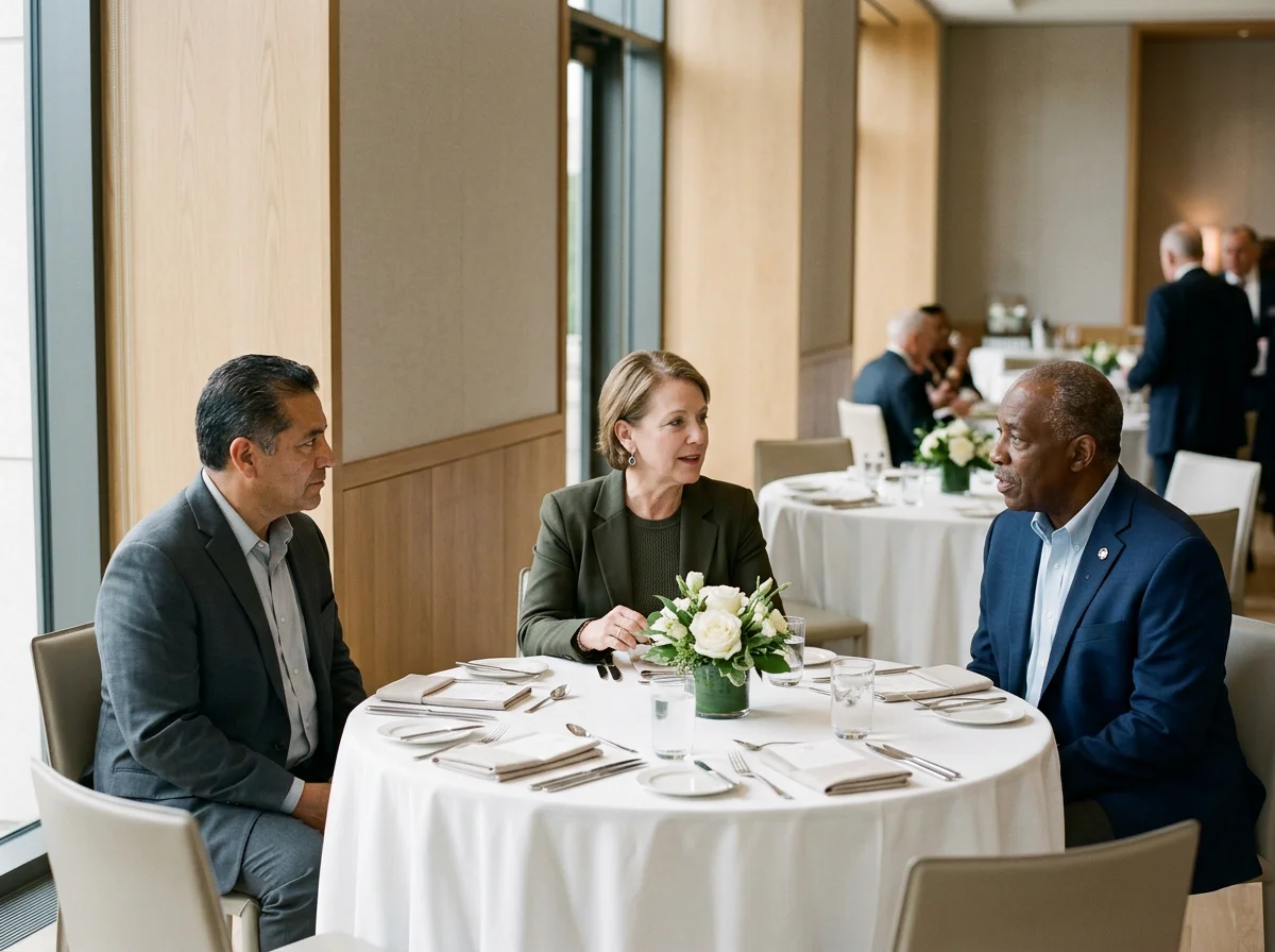 Three people sitting at a round dining table in a formal setting, engaged in conversation, with others in the background. The table has a white tablecloth, water glasses, utensils, and a floral centerpiece.